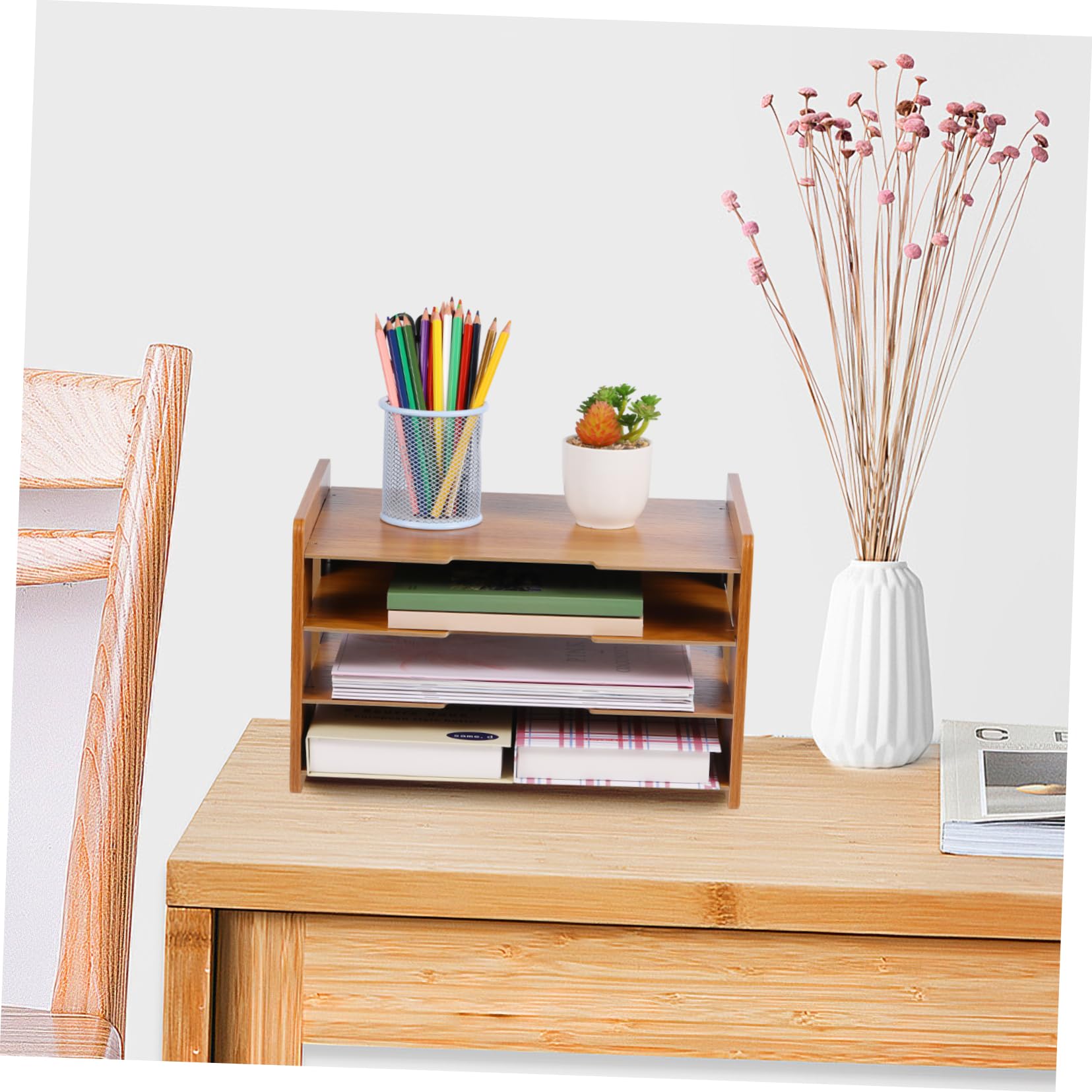 Organizador de Correo de Encimera 4 Capas Diseño Vertical para Oficina y Hogar, Clasificador de Papel de Madera para Documentos, Facturas y Revistas