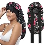 AWAYTR Long Satin Bonnet for Women - Double Layer Elastic Silk Bonnet for Braids Hair Sleeping Cap with Tie Band (Flower C)