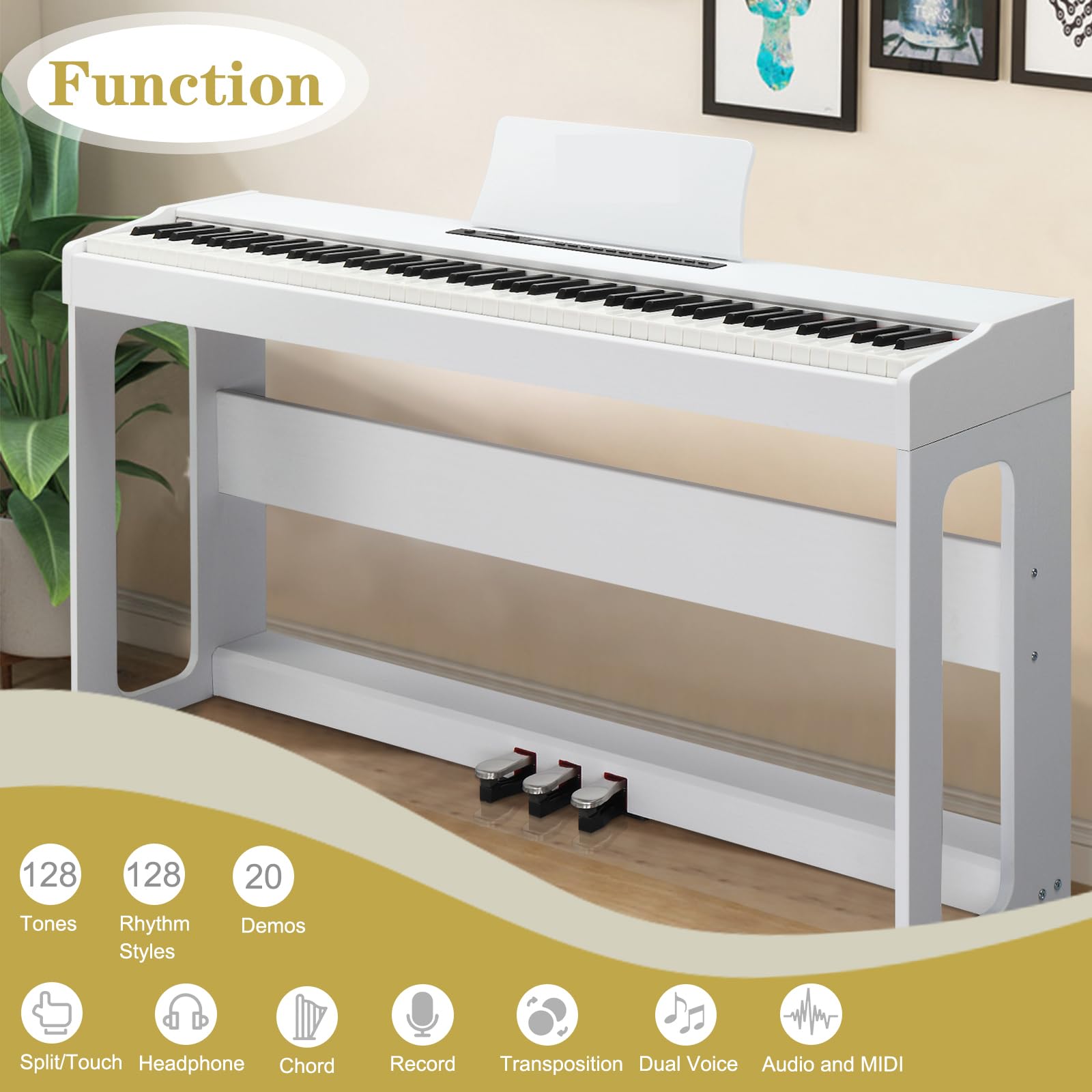 LEADZM Piano Numérique 88 Touches, Clavier Entièrement Lesté, Piano Électrique avec MIDI-USB, Bluetooth et Haut-Parleurs Stéréo, 128 Sonorités et Rythmes, Système à 3 Pédales (Blanc)