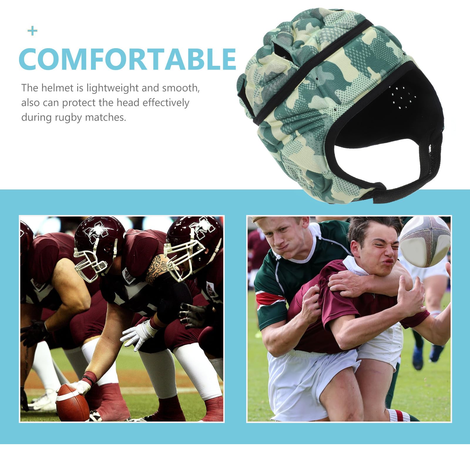ABOOFAN Casque de Rugby pour Garçon et Filles en Mousse Eva et Polyester Design 3D Creux aux Oreilles, Confortable et Stable, Réglable par Cordon Élastique, pour Match et Entraînement