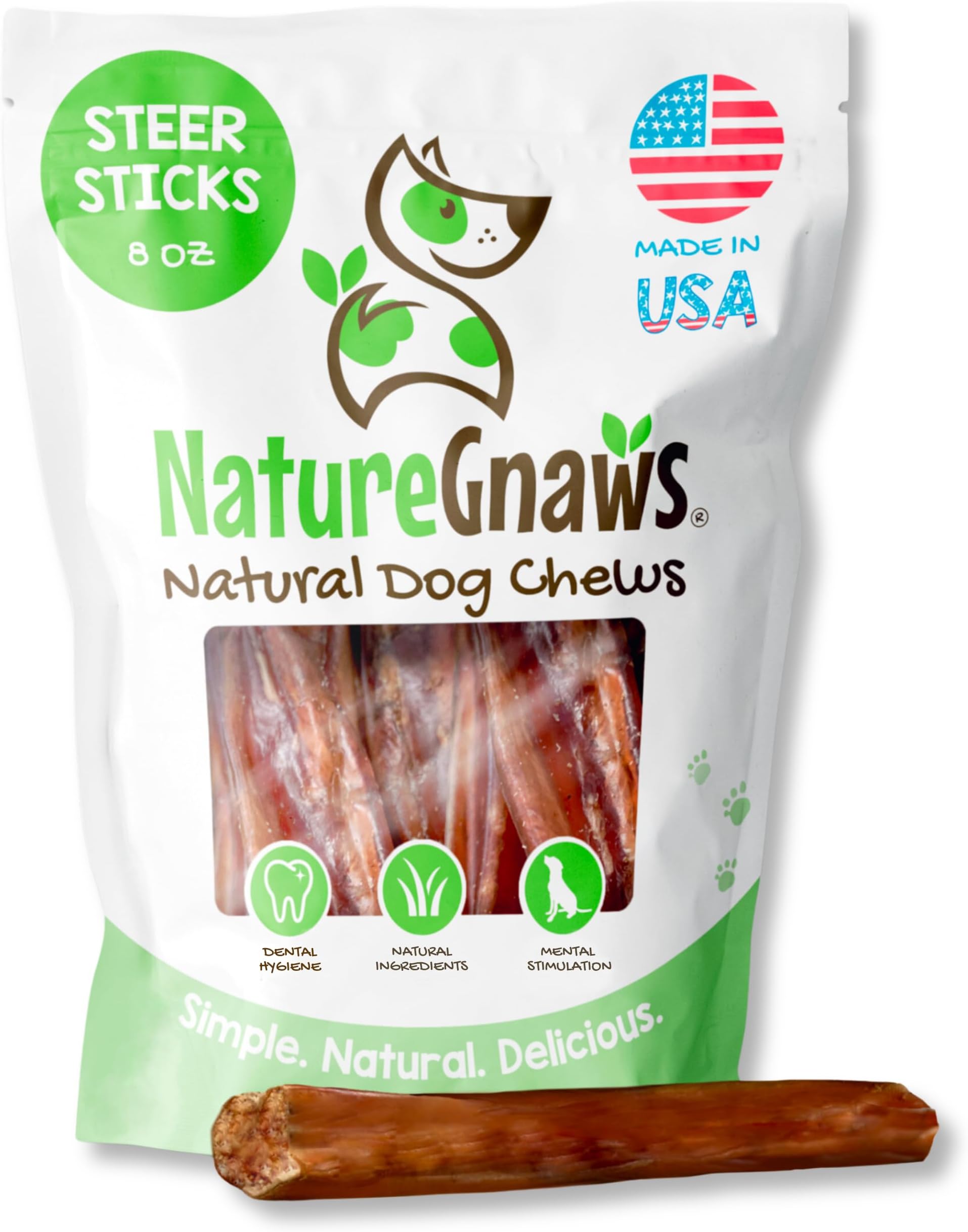 Nature Gnaws Steer Sticks - Bully Sticks for Dogs - Great for Small, Medium and Large Dogs - Made in USA, Single Ingredient - Natural Long Lasting Chew Sticks - Rawhide Free Bully Bones - 8oz