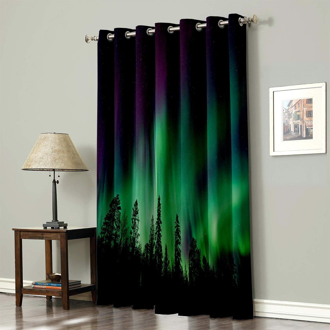 Room Darkening Window Curtain, Purple Green Northern Lights Aurora Borealis Forest Black Out Window Treatment for Cafe/Dining Room/Kitchen Basement Bedroom Drapes with Grommet Top - 84 inch Length