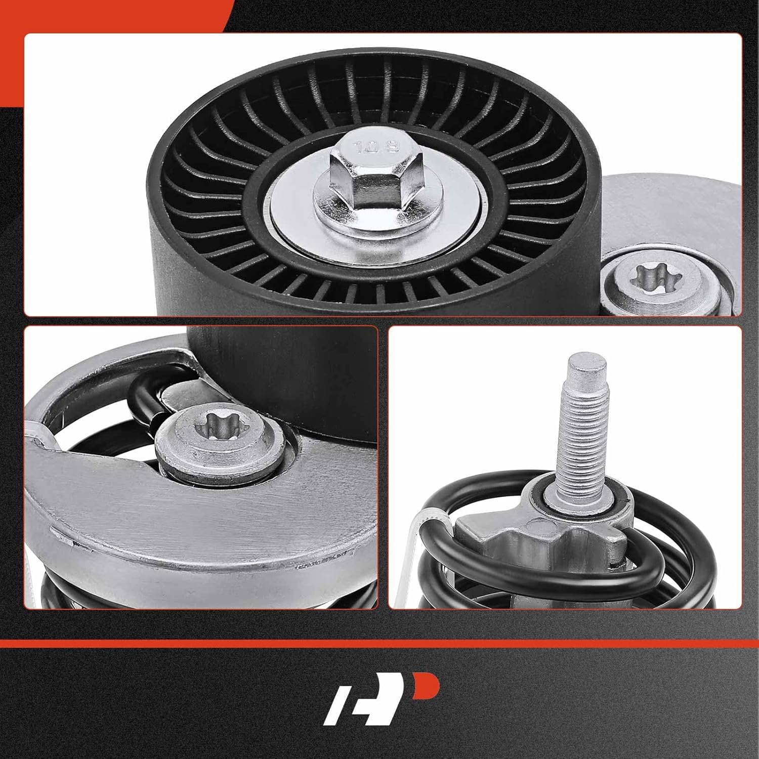 A-Premium Belt Tensioner Assembly with Pulley Compatible with Ford F-150 F-250 F-350 E-150 E-250 E-350 Econoline 1993-1996, with Exposed Spring, Replace# F3TA6B209AA, F3TA6B209EB