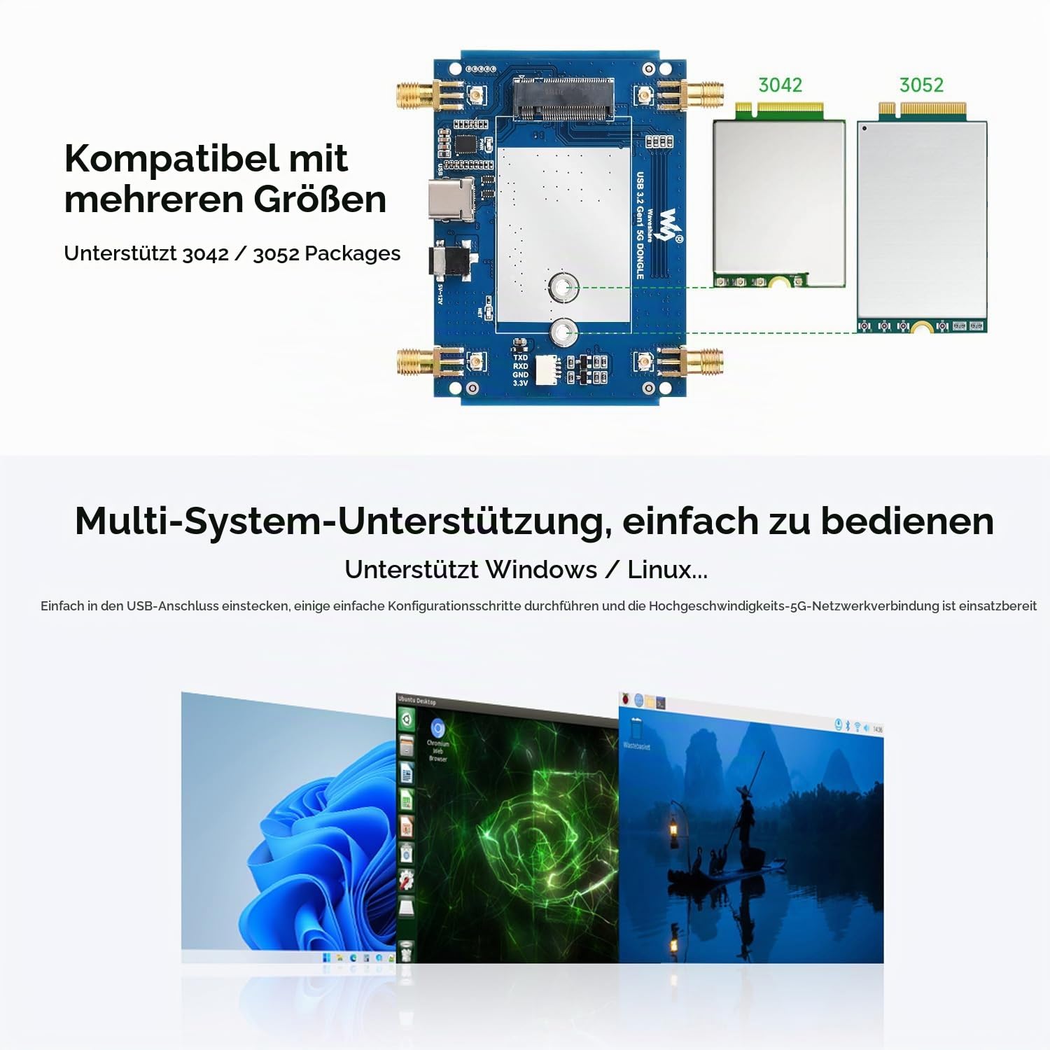 Waveshare 5G DONGLE Expansion Board ONLY, USB 3.2 Port, Aluminum Alloy Case, Quad Antennas, Onboard M.2 Key B Interface, Does NOT Include 5G Module