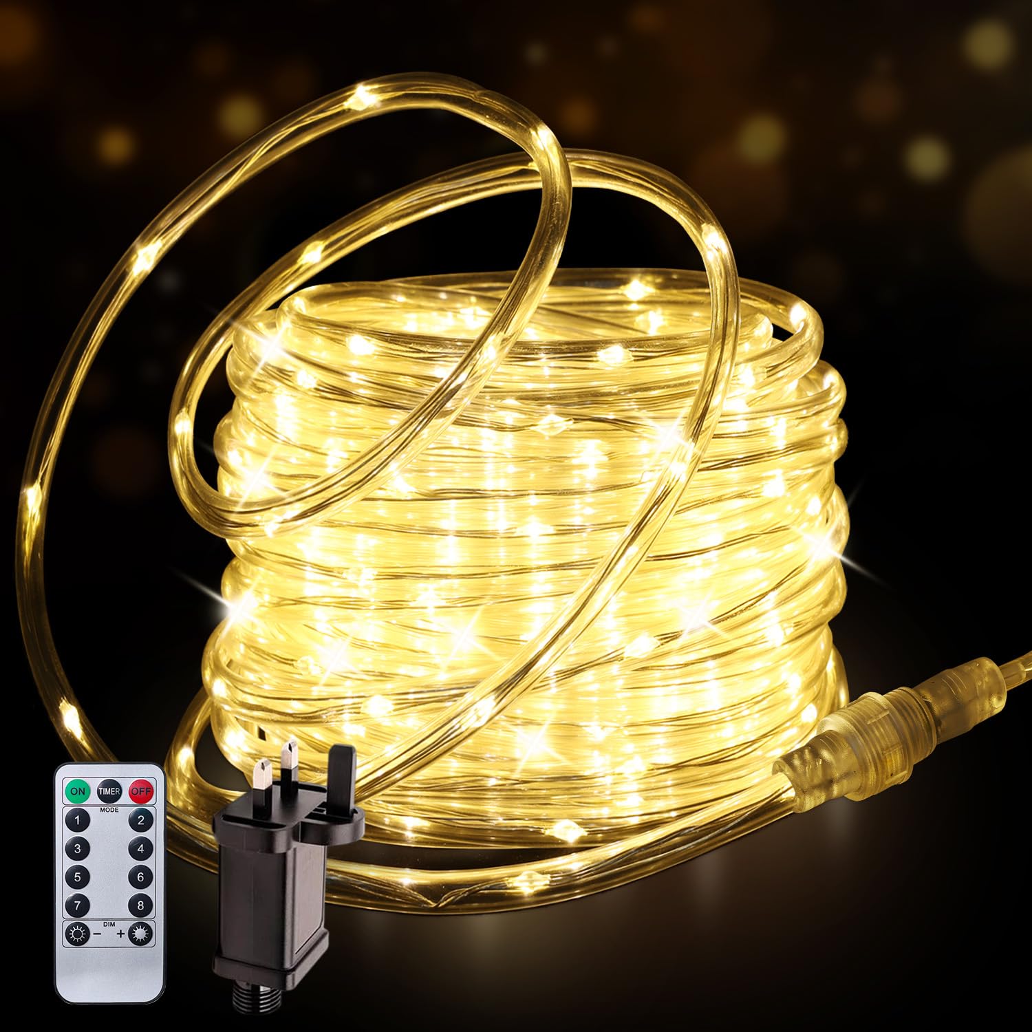WEGRASY Connectable Rope Lights Plug in, 66FT 200 LEDs String Lights, IP65 Waterproof 8 Modes Remote Tube Light for Outdoor Indoor Patio Backyards Garden Porch Pool Tree Decor, Warm White