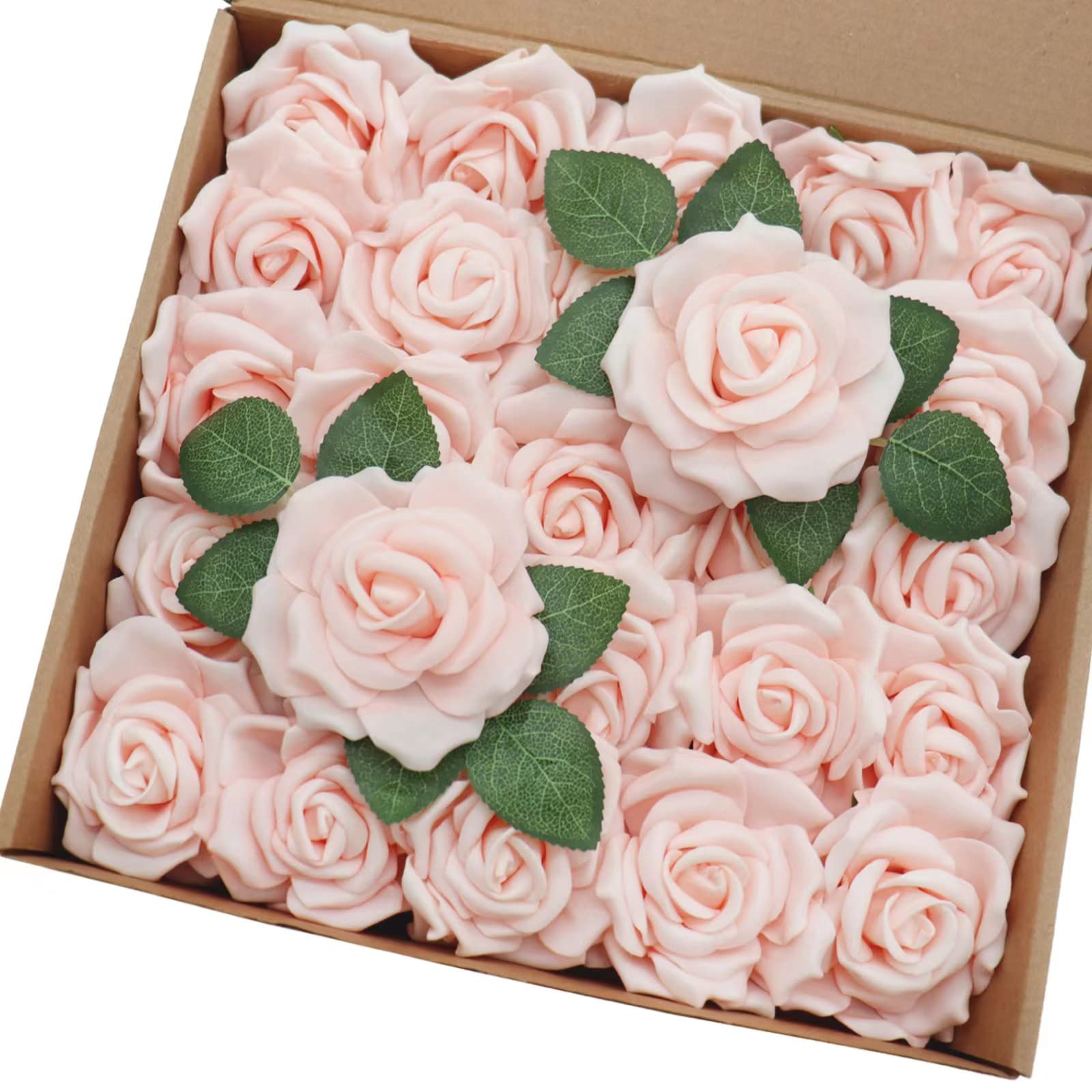 J-Rijzen Artificial Flowers 50PCS Real Looking Blush Foam Roses Fake Roses with Stem for DIY Wedding Bouquets Centerpieces Party Baby Shower Home Decorations