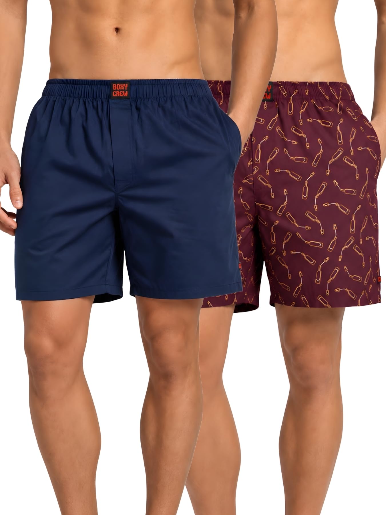 boxy crew Men Boxer Shorts Pack of 2, 100% Cotton Woven Boxers, Navy Blue & Maroon, Solid & Printed Designs, Dual Side Pockets, No-Marks Inner Elastic Waistband, Relaxed Lounge & Sleep Shorts-picture-12