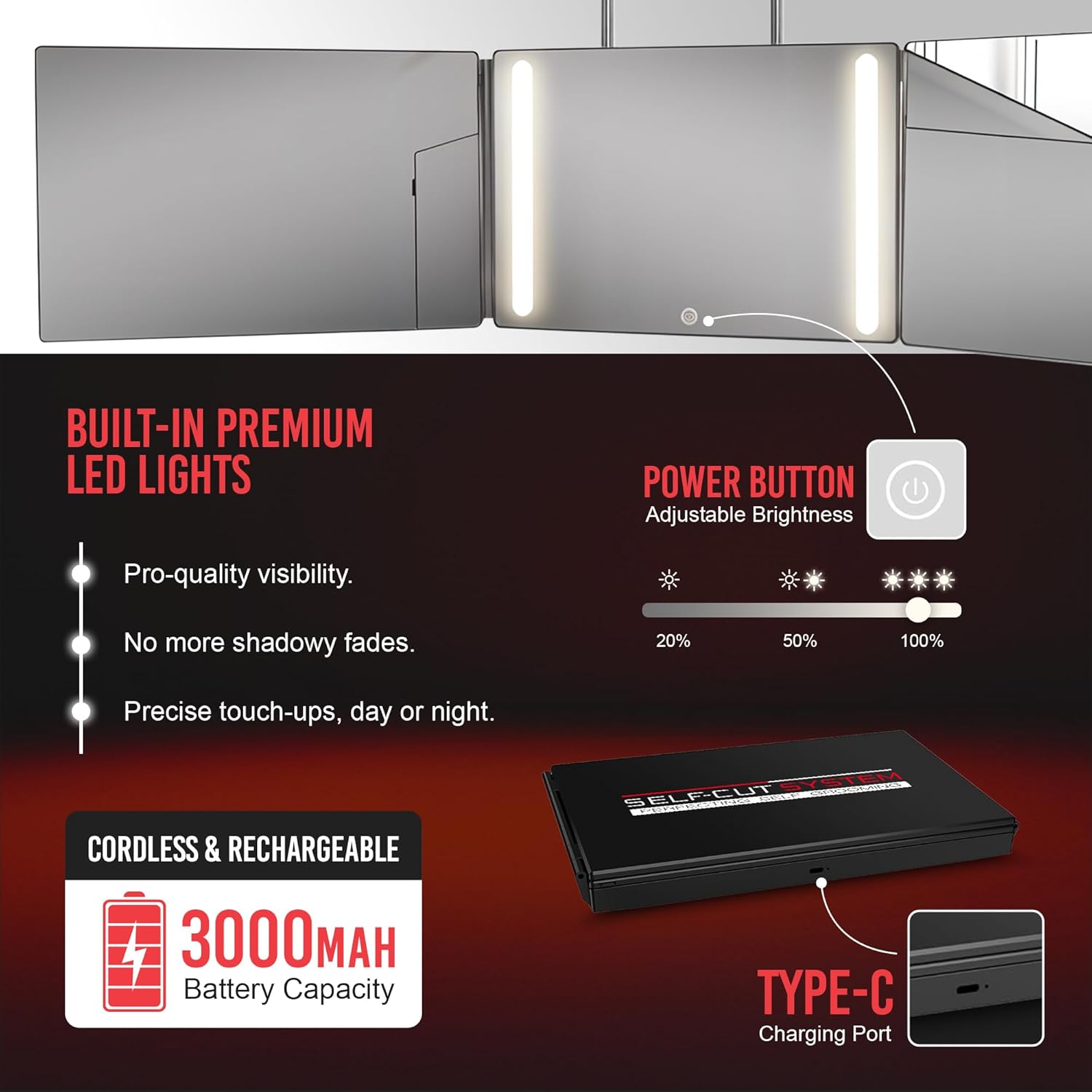 Self-Cut System 3 Way Mirror with LED Lights – Trifold Self Cut Barber Mirror for Men and Women, 360 View for Easy Haircuts, Travel Friendly - Three Way Design for Grooming and Styling