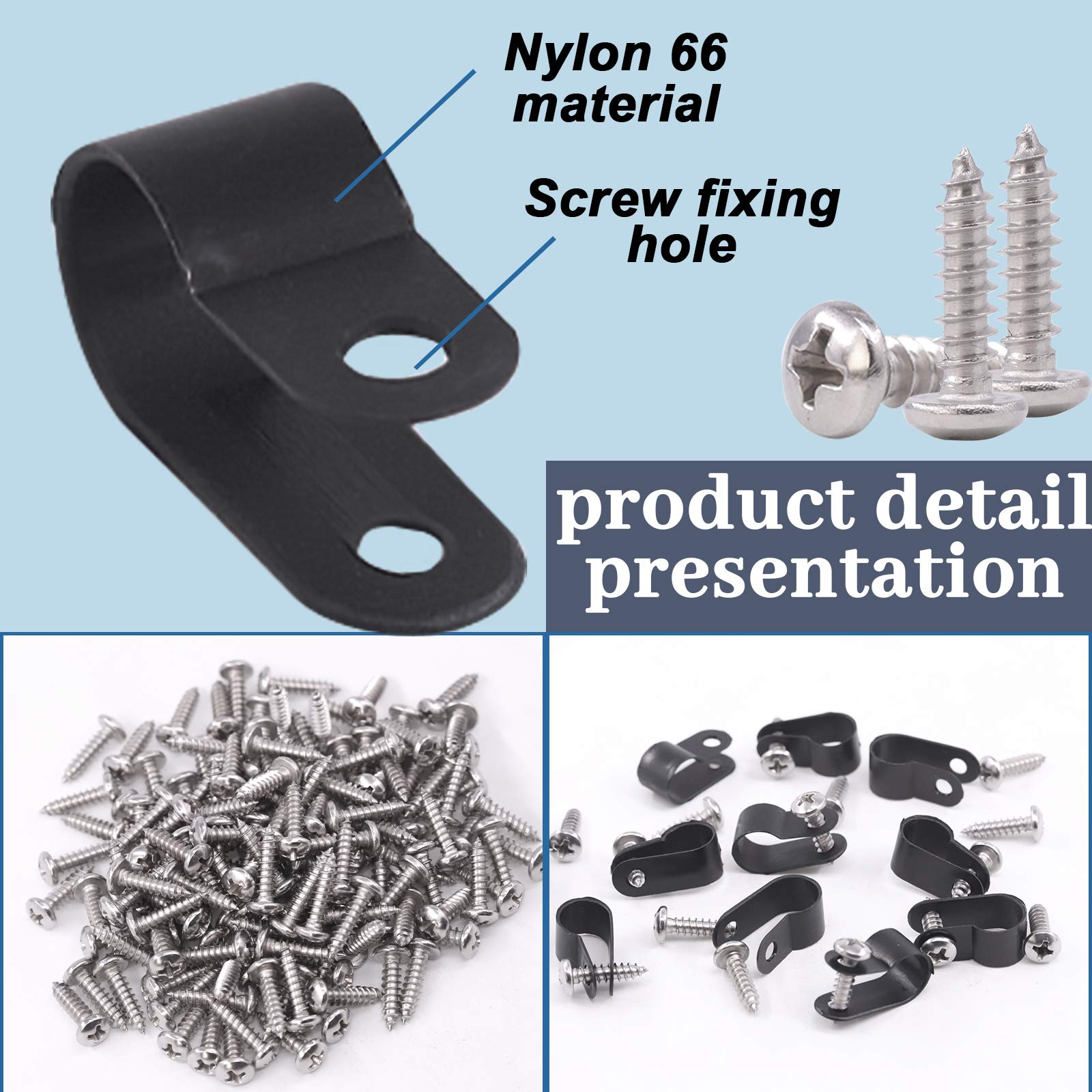GLARKS 120Pcs 3/8'' Black Nylon R-Type Cable Clips with 120 Screws for Wire Cable, Conduit Management, 3/8''(10mm) - Image 4