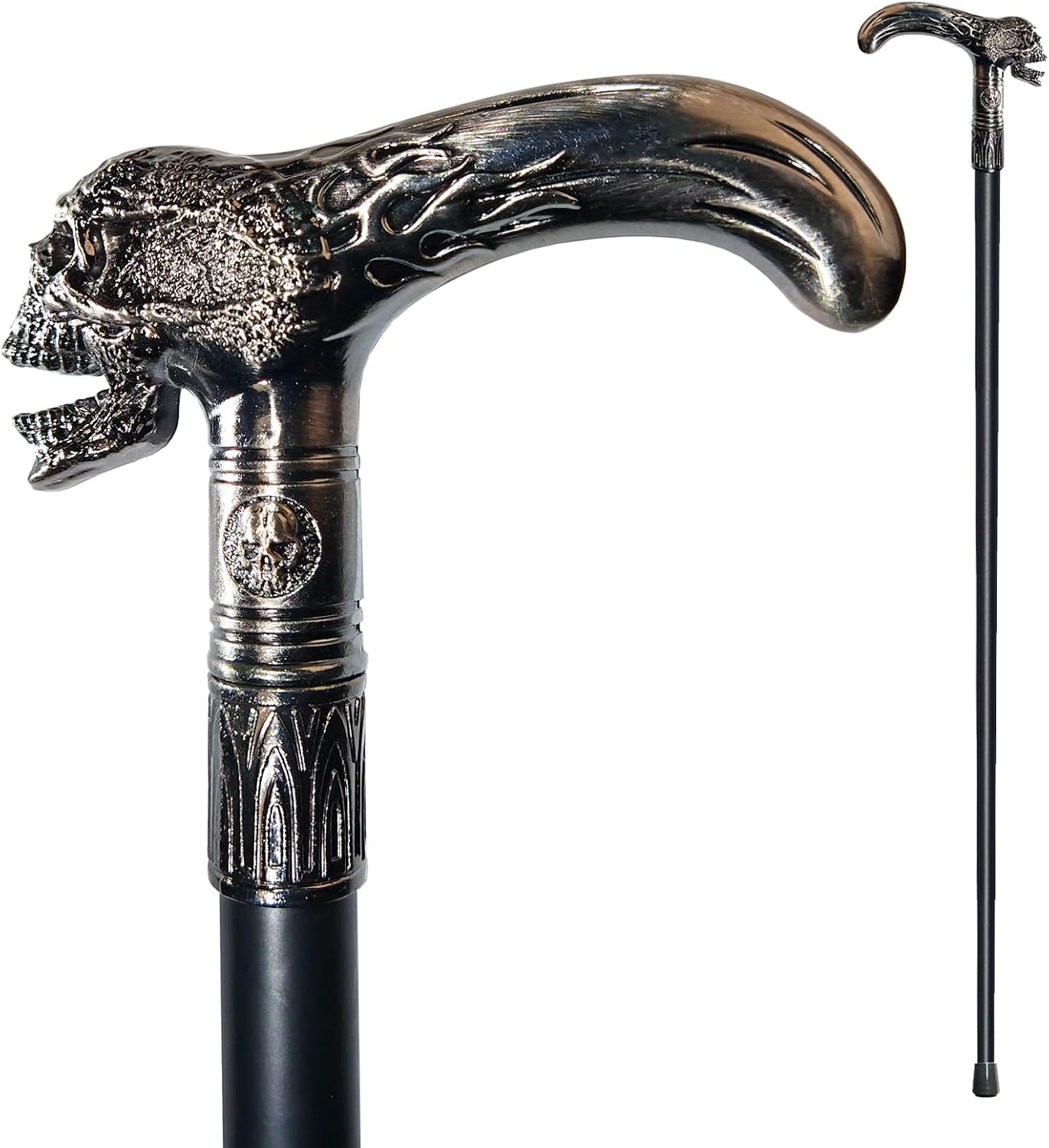 Walking Cane for Men & Women & Seniors - 36.5 Inch Heavy Duty 500+ lbs Capacity, Skull Ergonomic Handle, Decorative & Ornate Design, Gothic & Goth Elegant Black & Silver Artistry, Metal Cane