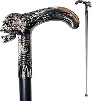 Walking Cane for Men & Women & Seniors - 36.5 Inch Skull Metal Cane | Heavy Duty 500+ lbs Capacity, Ergonomic Handle, Decorative & Ornate Design, Gothic & Goth Elegant Black & Silver Artistry