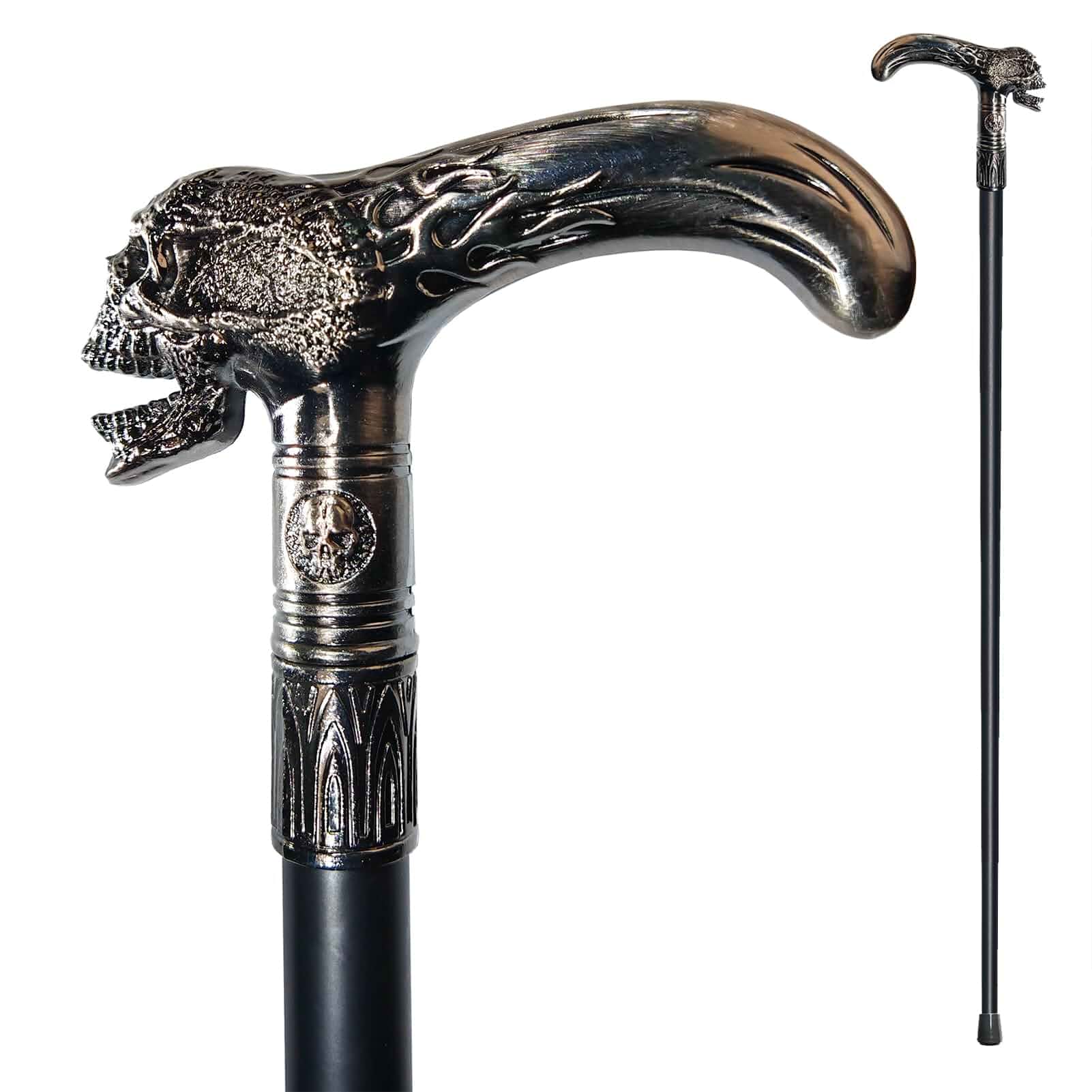 Walking Cane for Men & Women & Seniors - 36.5 Inch Skull Metal Cane Heavy Duty 500+ lbs Capacity, Ergonomic Handle, Decorative & Ornate Design, Gothic & Goth Elegant Black & Silver Artistry