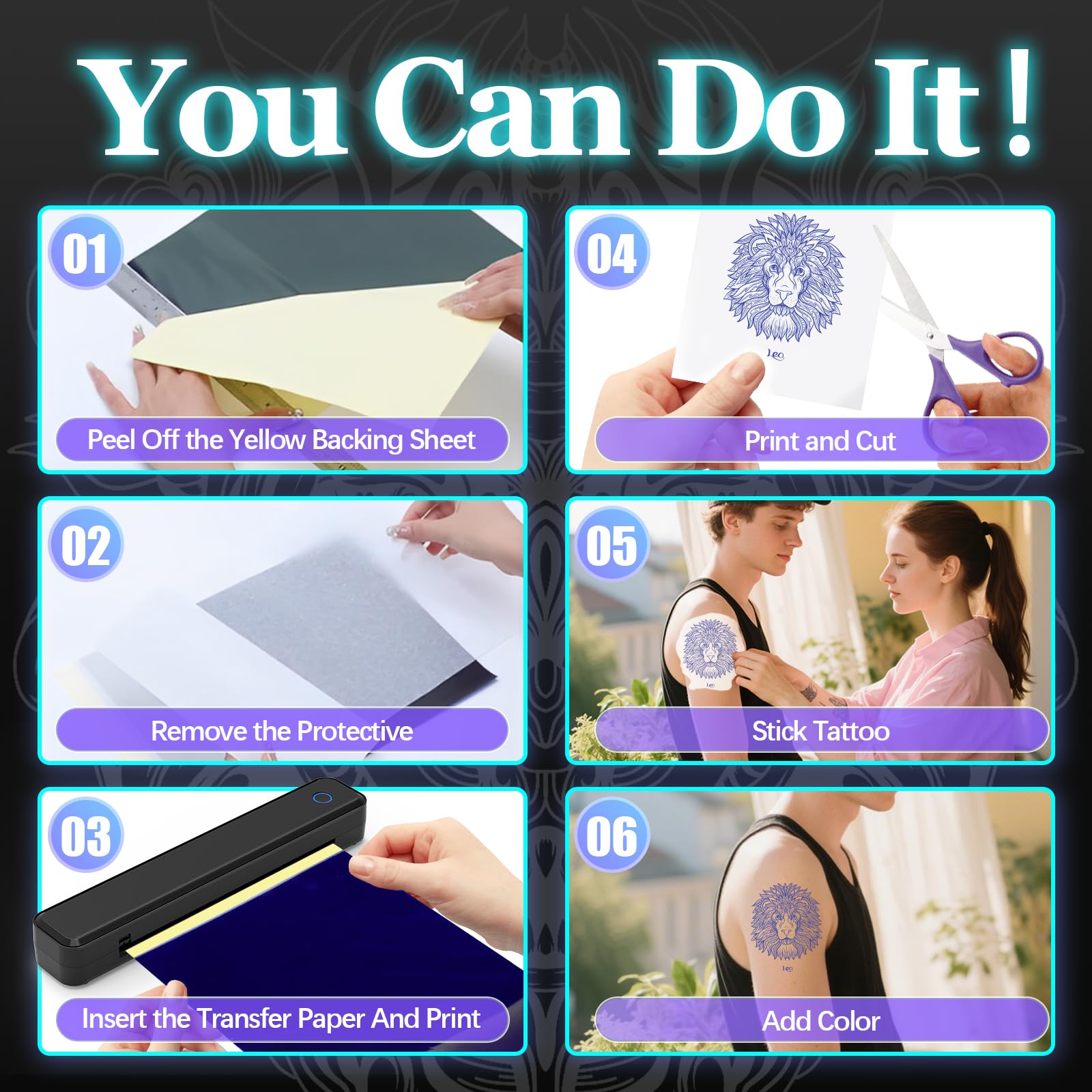 Impresora térmica inalámbrica portátil con 20 hojas de transferencia, compatible con smartphone y PC, tatuadores principiantes