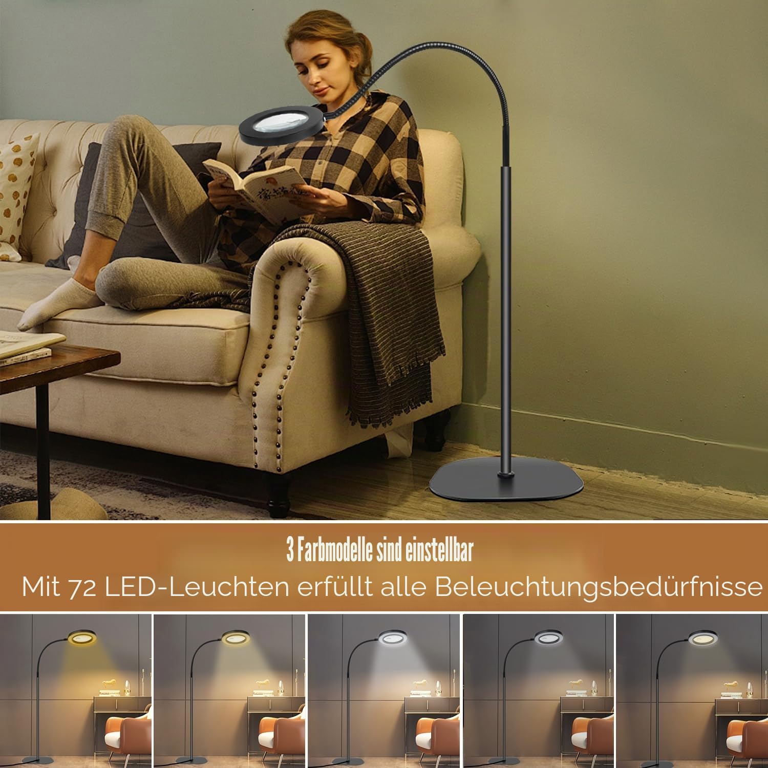 Lupe mit Licht und Ständer 5X 10x, Dimmbare Lupe mit Licht mit 36 LED, Verstellbare Lupenleuchte mit Schwanenhals 2-in-1 für Lesen, Nähen, Handwerk, Feinarbeit