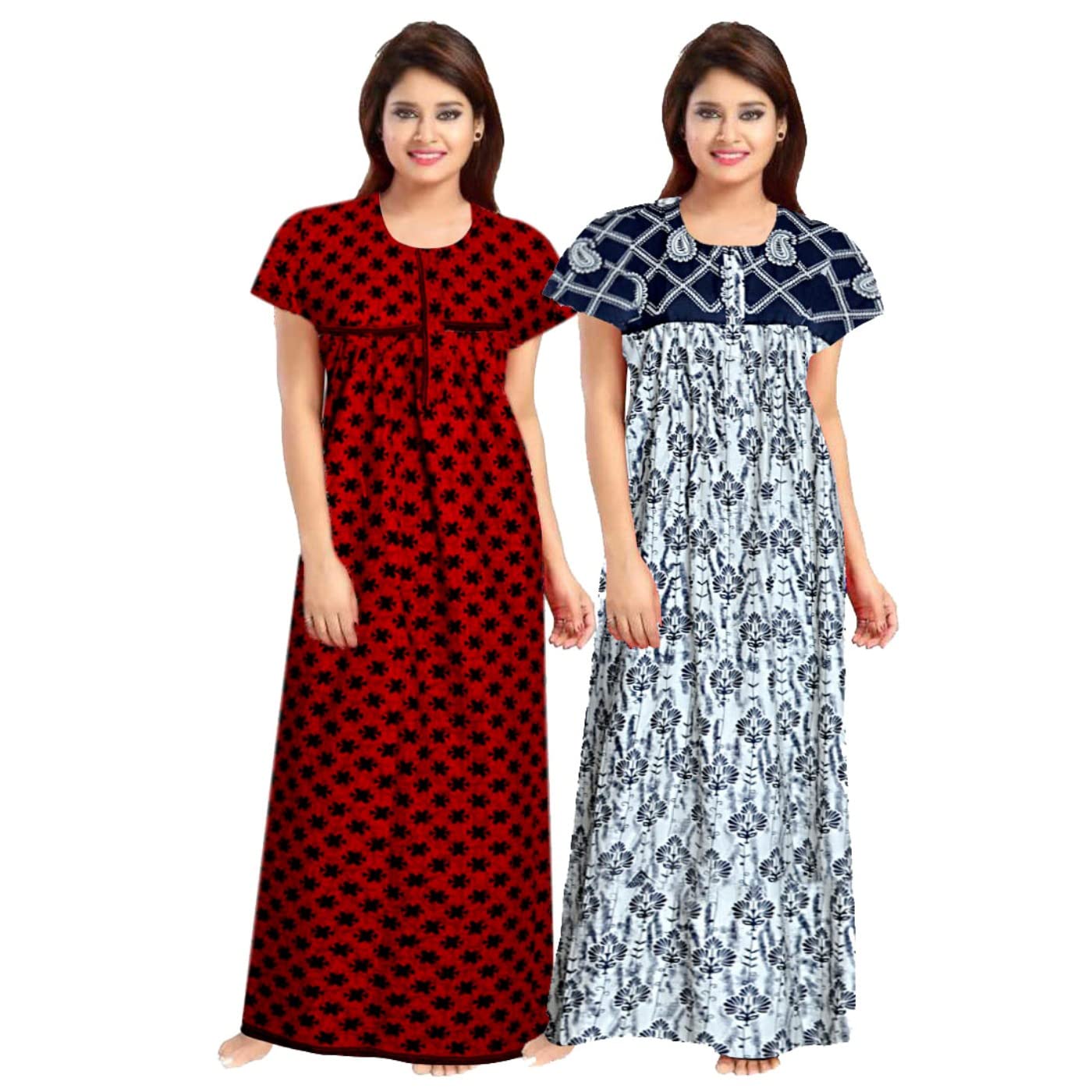 Women's 100% Cotton Printed Maxi Maternity Nightwear Nightdress Free Size, (Combo Pack of 2)-image-48