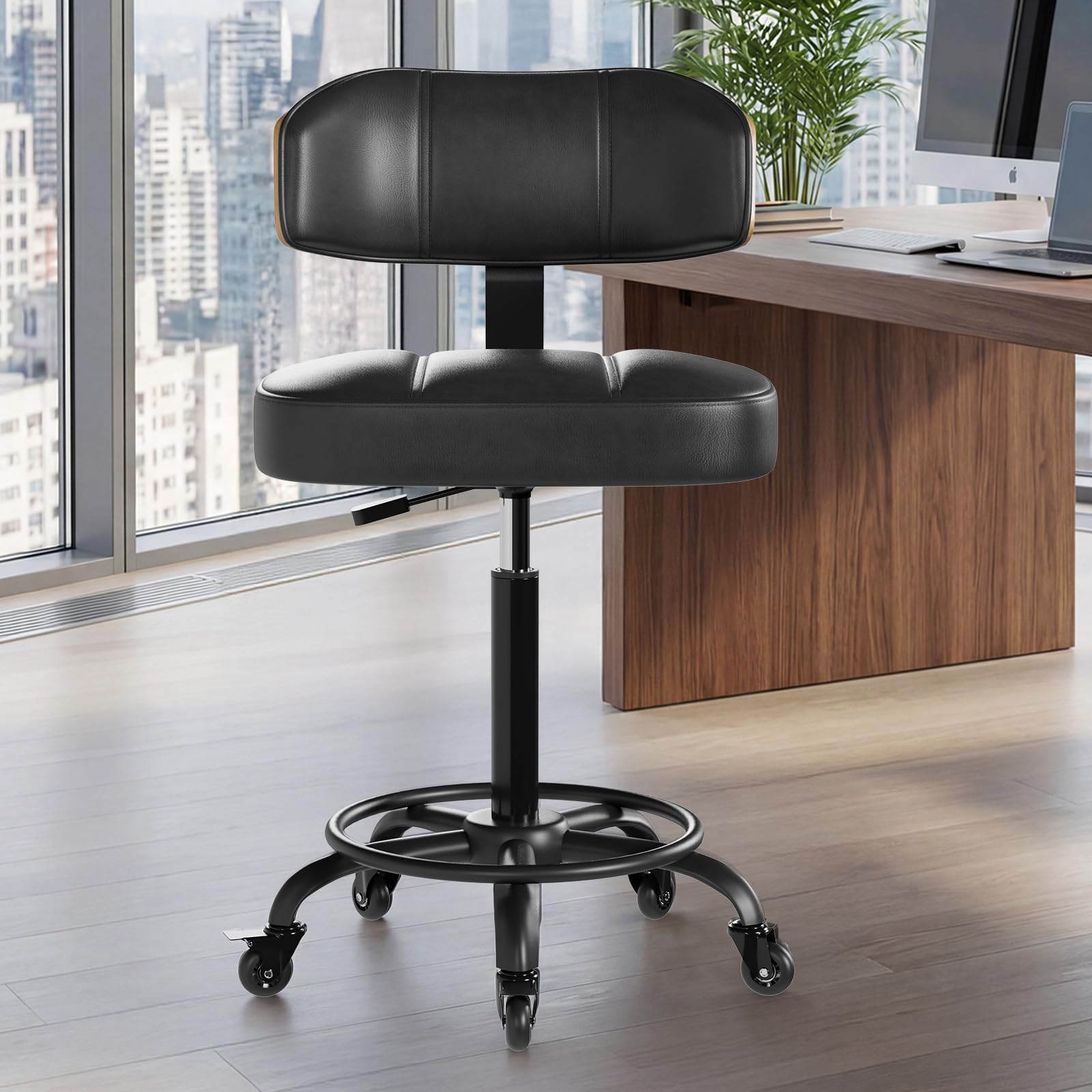 Rollhocker HöHenverstellbar, Bürohocker Ergonomisch,Arbeitshocker, Drehhocker 360°,Mit Rückenlehne Pu-Sitzpolsterung Für Spa Zeichnung Salon Arbeit Büro Bar Studio Labor Black