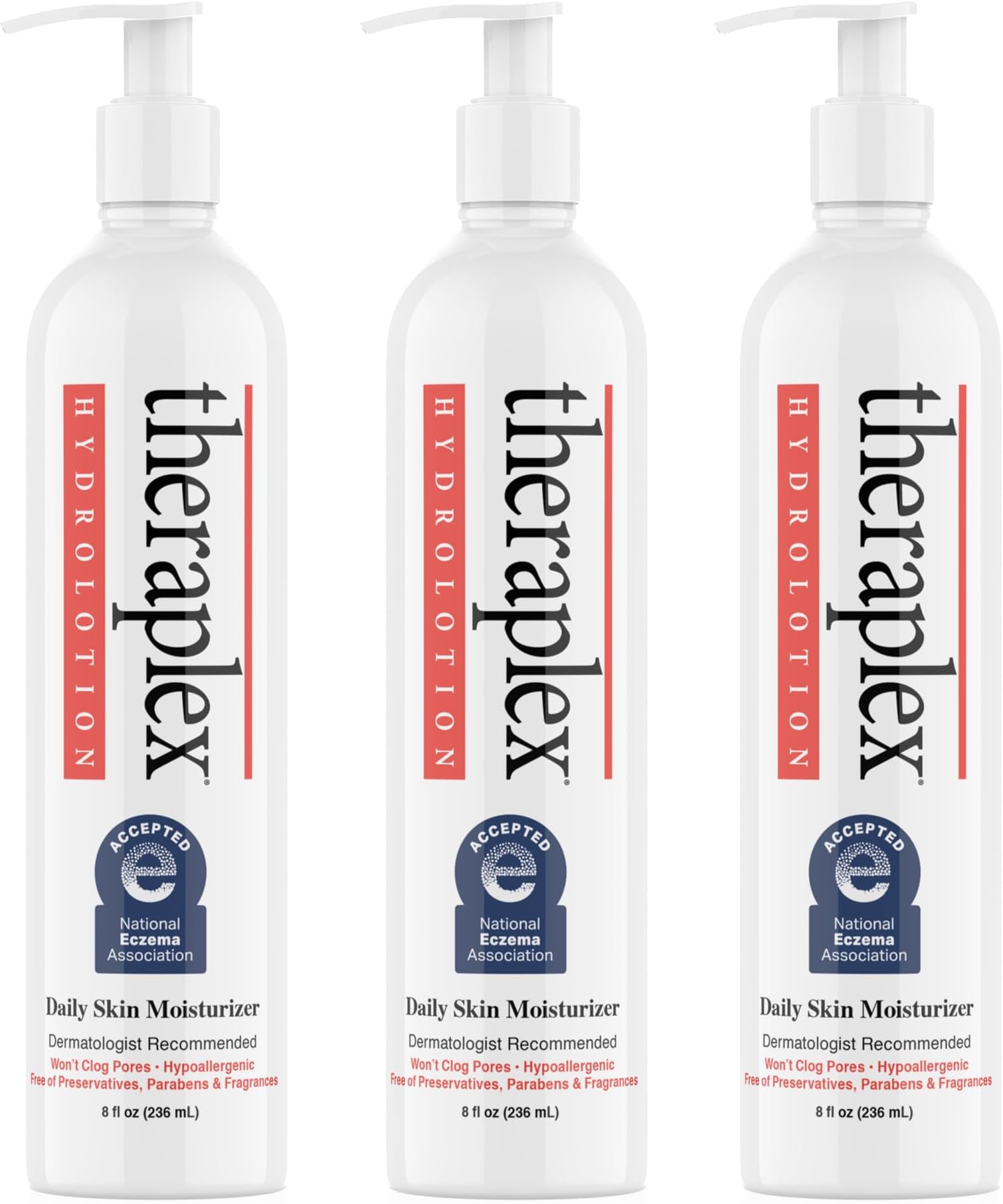 THERAPLEX Hydrolotion - Daily Skin and Body Moisturizer, No Parabens Or Preservatives, Noncomedogenic, and Hypoallergenic, Fragrance-Free, Dermatologist Recommended 3 Pack