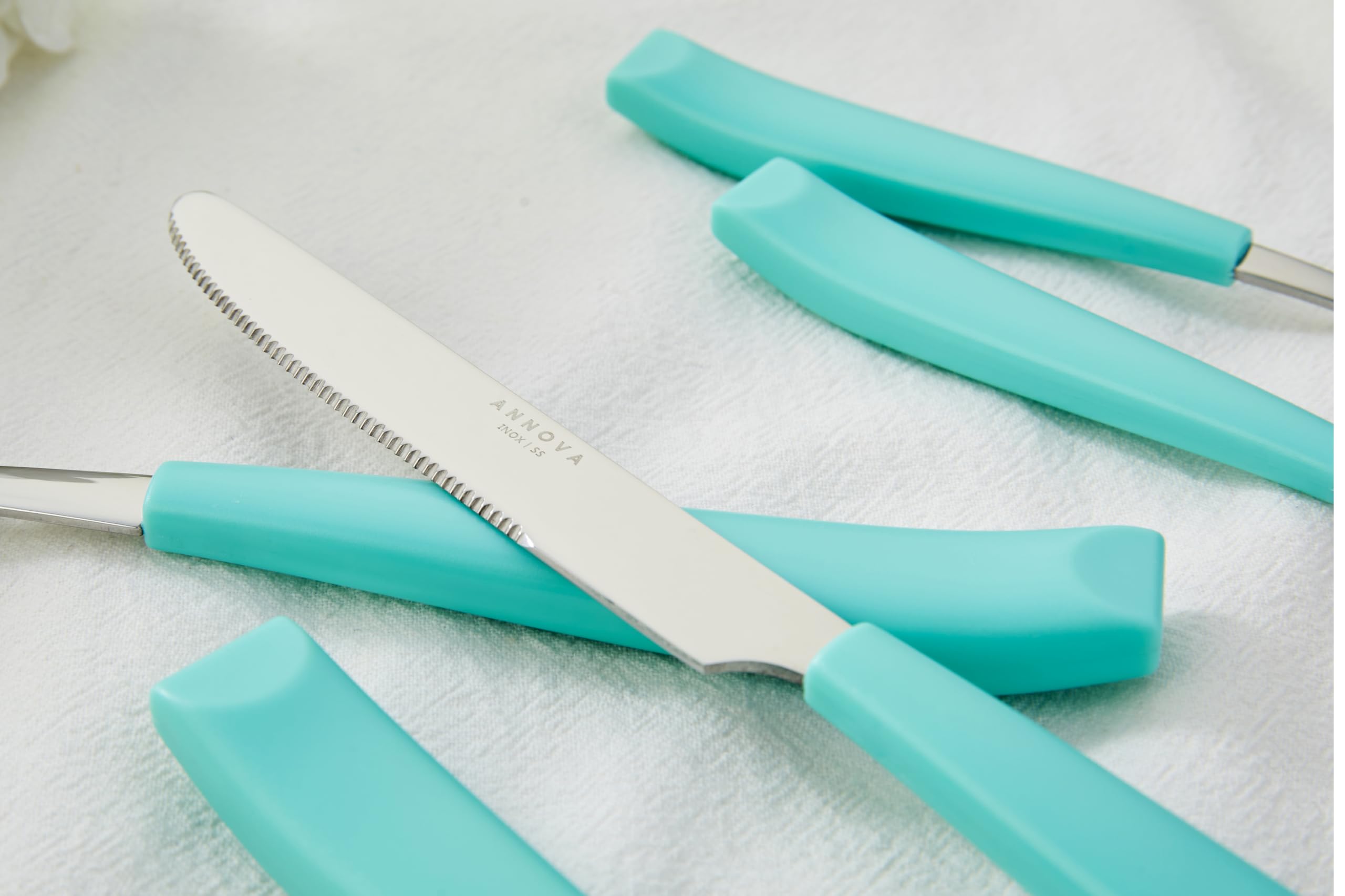 ANNOVA Set di posate, set di posate con manico colorato in acciaio inossidabile, include coltelli da tavola, forchette, cucchiai, forchette da insalata e cucchiai da dessert(20 Pieces, Turquoise)