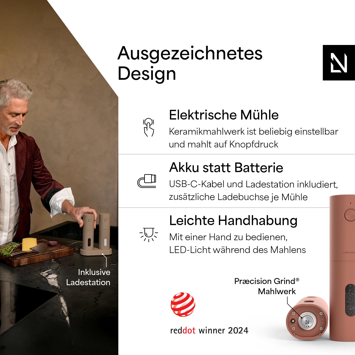 LARS NYSØM Salz und Pfeffermühlen Elektrisch Set I Keramikmahlwerk fein bis grob I USB Wiederaufladbar mit Ladestation I Automatische Salz und Pfefferstreuer I Gewürzmühlen Set (Brick Red)