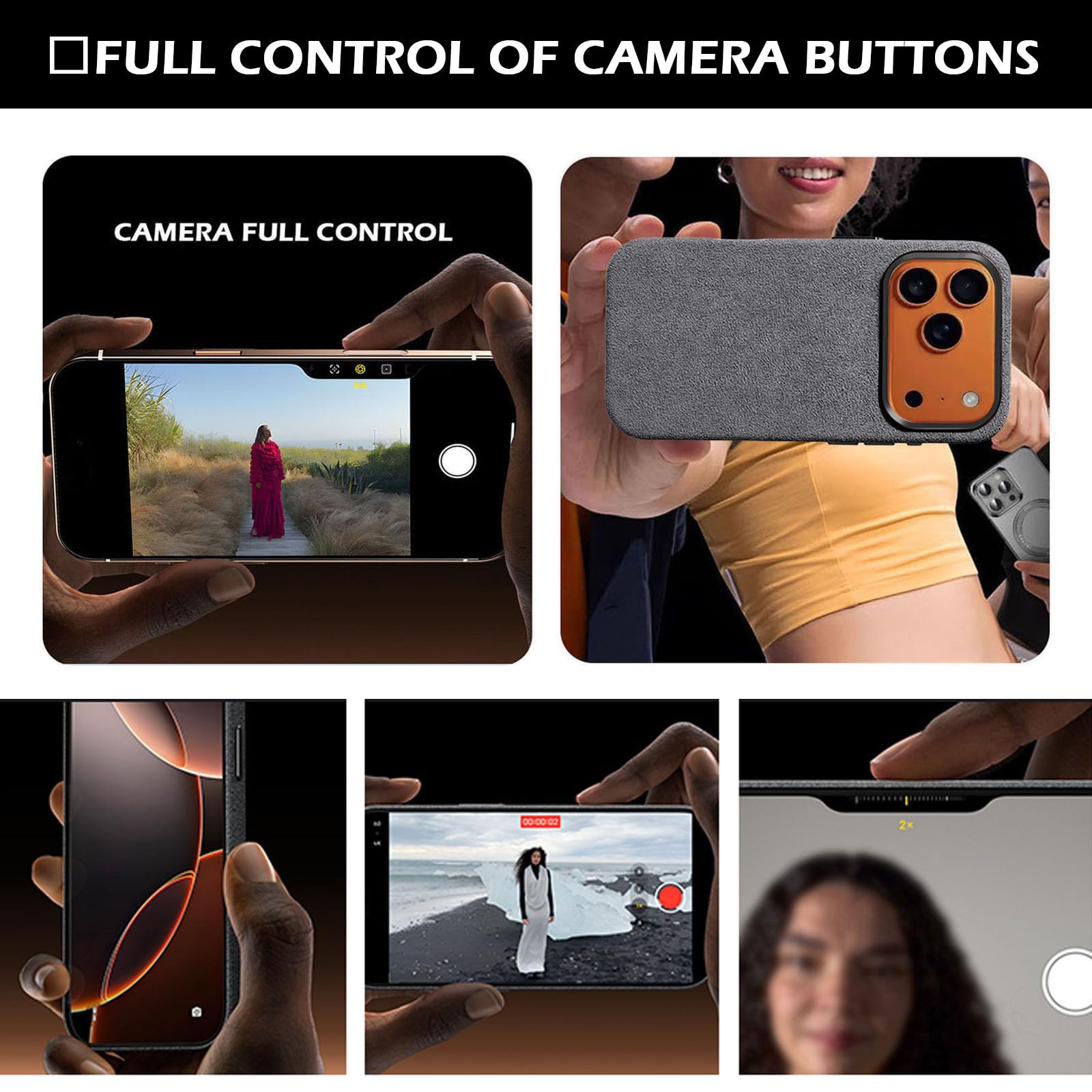 Étui en daim alcantara pour iPhone 17 Pro Max, compatible avec MagSafe, cuir daim véritable importé d'Italie, fait à la main, sensation intérieure de supercar, ultra fin, antidérapant (gris foncé