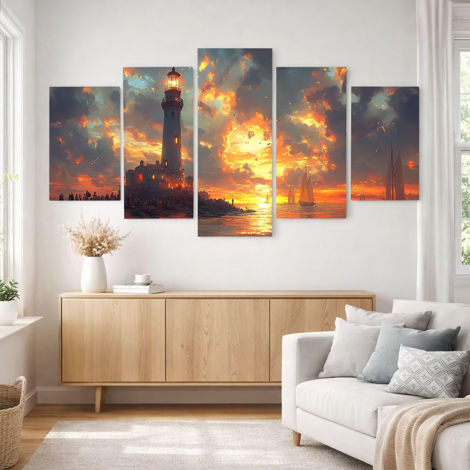 5 Pack Leuchtend Malen Nach Zahlen Erwachsene Boot Drei Größen YCBZ-2769 | DIY Set Erwachsene mit Pinselset Acrylfarben Set Fünf Leinwand zum Bemalen Lighthouse Deko Wohnzimmer Geschenke für Frauen