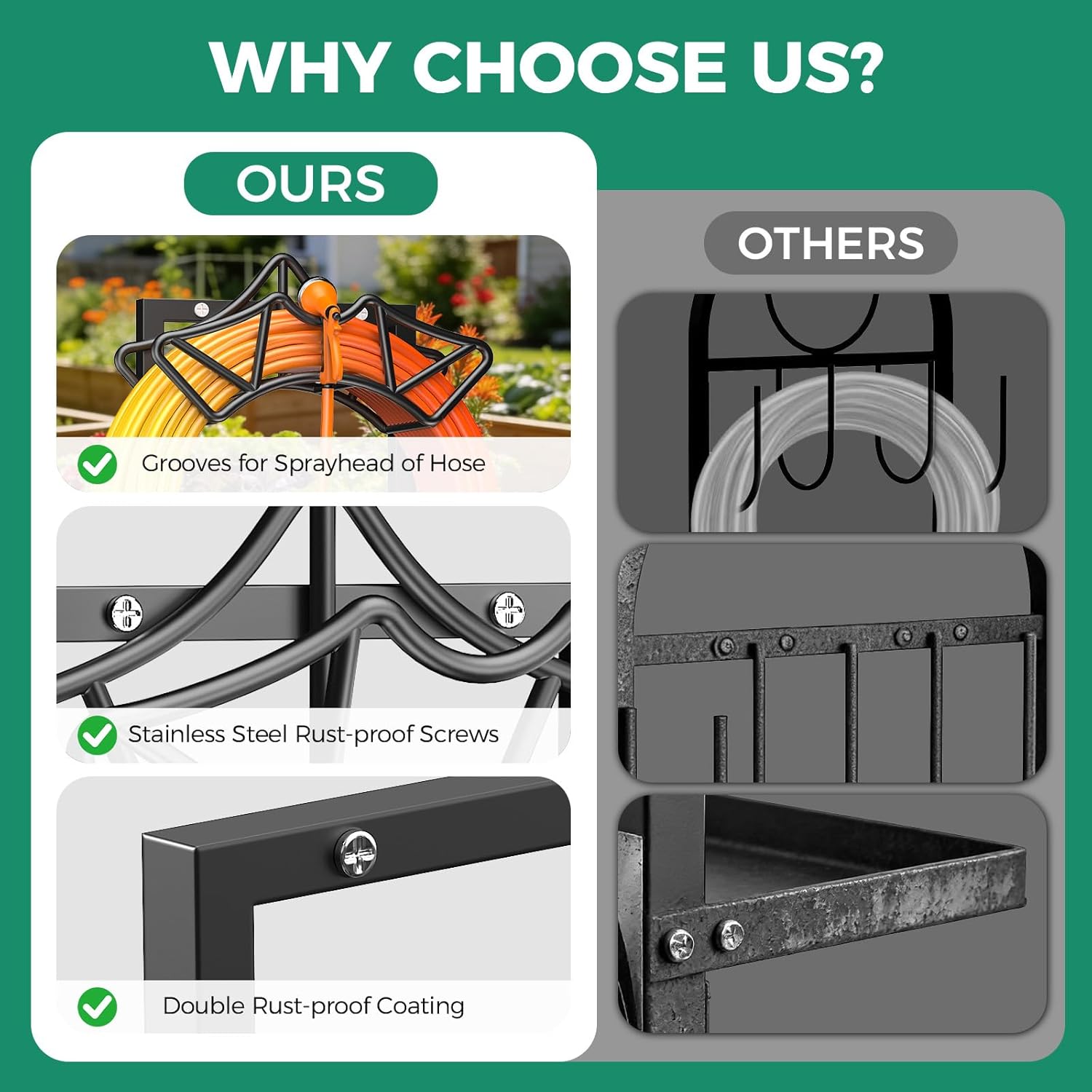 Garden Hose Holder Holds 160Ft Hoses, Heavy-Duty Freestanding Hose Reel with 2 Tool Hooks, Rustproof Freestanding Hose Stand with 4 Spikes Water Hose Hanger Storage Reel Rack for Outside, Yard, Lawn