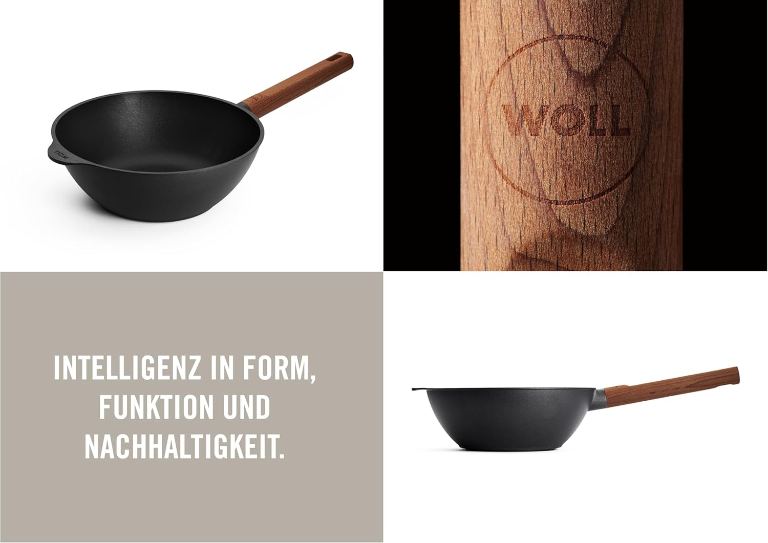 Woll Eco Logic QXR Wok and Stirring Pan Inductive Diameter 24 cm Height 10 cm with Solid Sustainable Wooden Handle Suitable for All Hob Types PFAS-Free Non-Stick Coating Cast Aluminium Oven-Safe