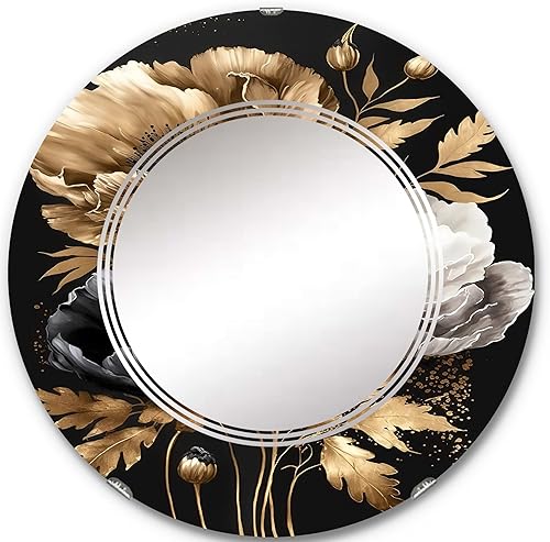 Ramo floral gótico dorado I- Espejo de tocador, espejos de baño, espejos de pared para sala de estar, dormitorio, espejo redondo - Grande 24 x 24