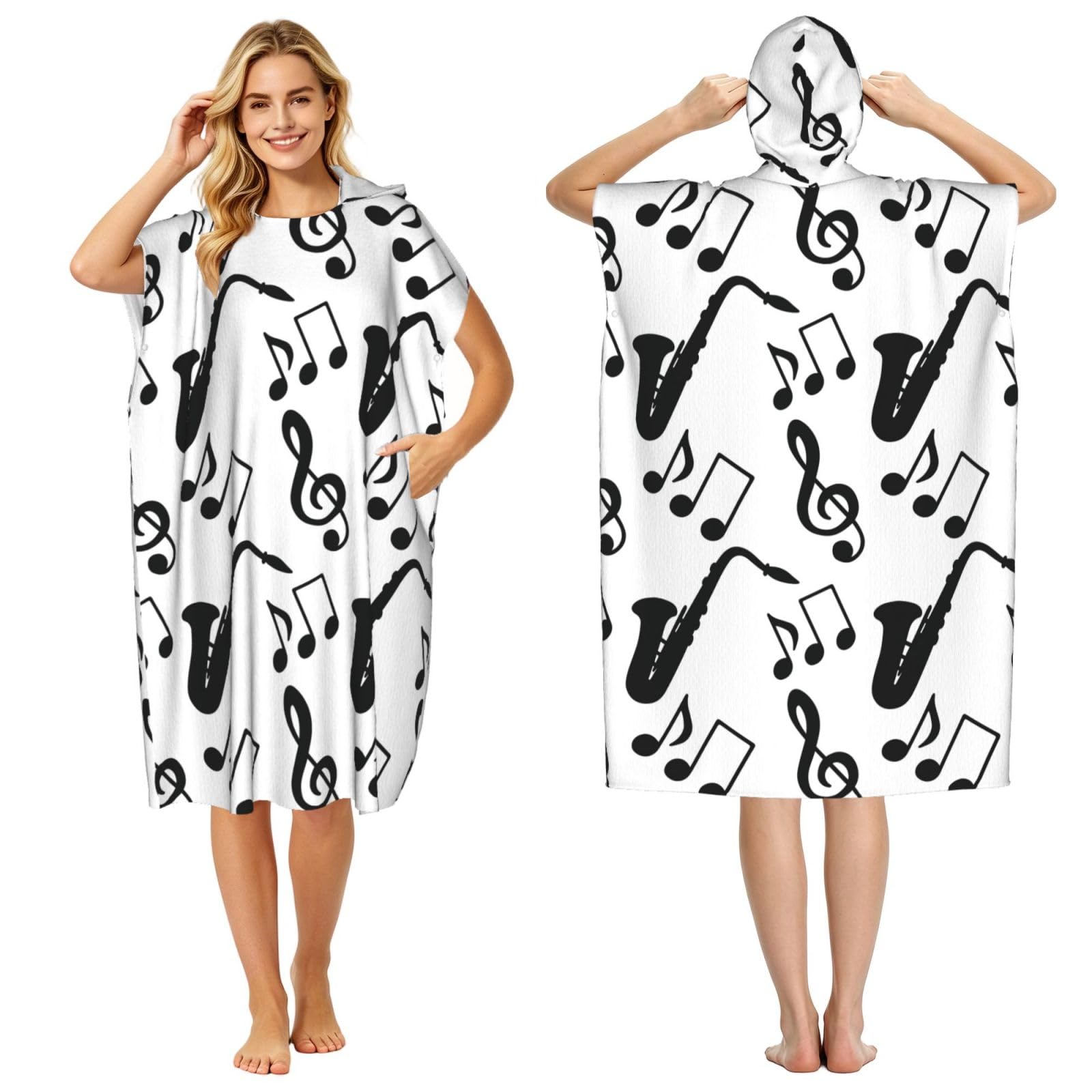 Poadnly Musical Music Saxophone, Adult Hooded Beach Towel 90 x 110 cm,Changing Bath Robe, Surf Poncho Towel For Women Men