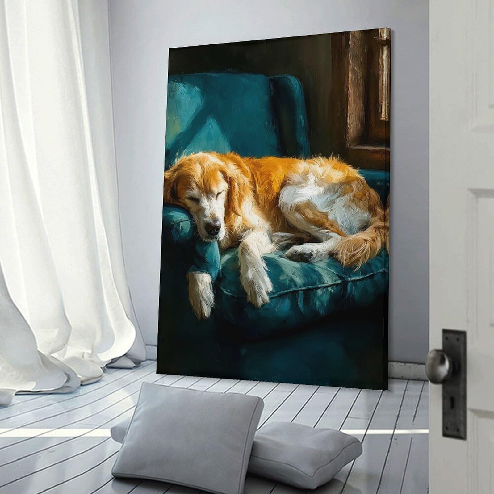 Junmoney Golden Retriever Dog Sleeping on Teal Armchair Decorative Wall Artwork 12x18inch(30x45cm), for Living Room, Lounge Or Sitting Room, A Home Accent with Warm Character