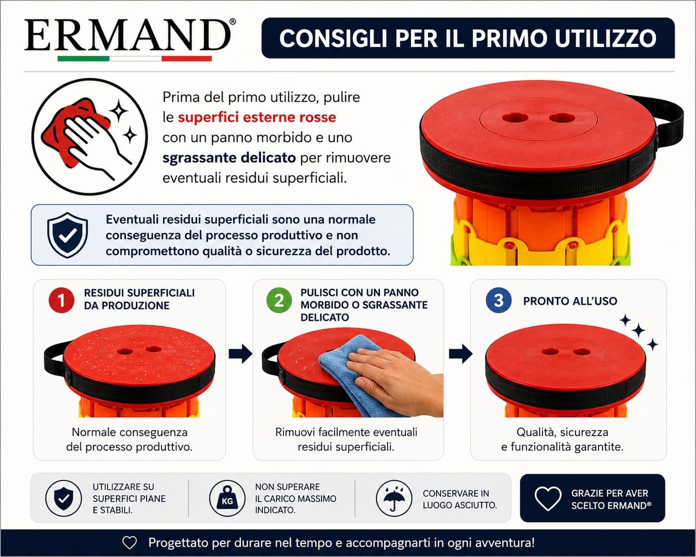 Ermand Sgabello Telescopico Portatile Pieghevole – Regolabile in Altezza – Leggero e Resistente fino a 180 kg – Sgabello per Campeggio, Pesca, Viaggi, Trekking, Outdoor