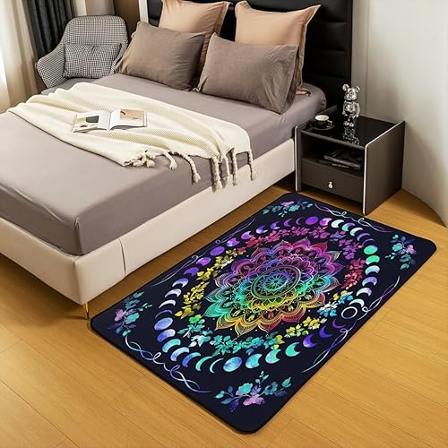 Miniatura 5 de Erosebridal Alfombra de área con diseño de mandala y luna para jóvenes y adultos, 3 x 5, alfombra decorativa de fases lunares en acuarela galaxia,