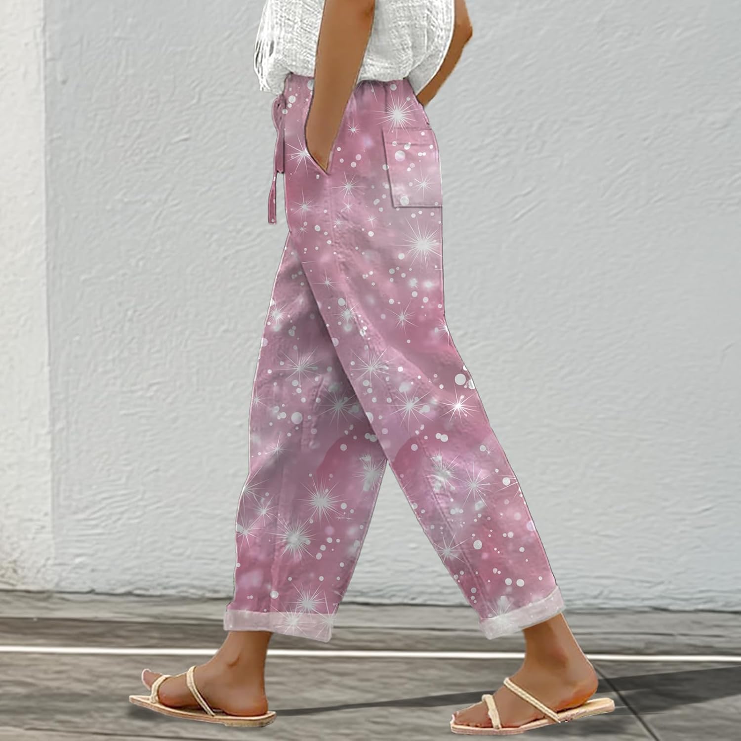 Lounge Pants for Women Trendy Floral Elastic High Waist Drawstring Palazzo Pants Summer Casual Trousers - Image 2
