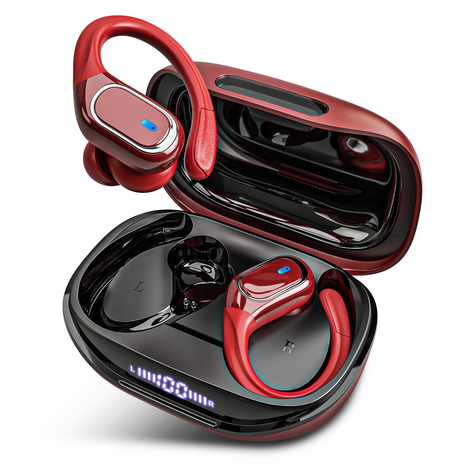 HAOYUYAN Wireless Earbuds Bluetooth 5.3 Headphones with 80H Playback, IPX7 Waterproof Over Ear Buds with LED Power Display for Sports Running Workouts（Cola Red）