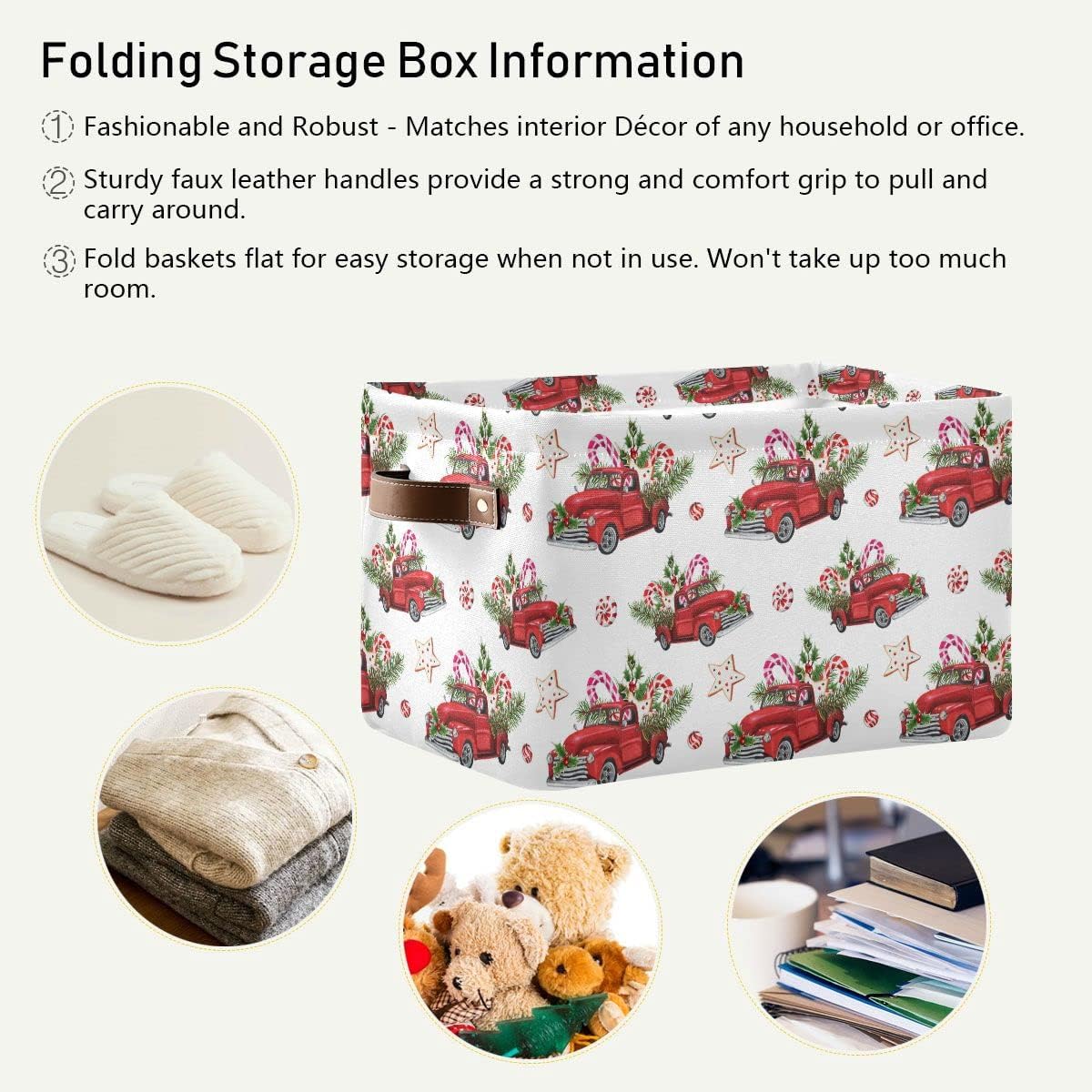 Christmas Truck Candy Canes Red Storage Basket Fabric Laundry Baskets Winter Snowflake Snowman Storage Boxes Organizer Bag for Baby Cloth Dog Toy Book Storage Cubes Shelf Closet Bins 16×12×8 Inches