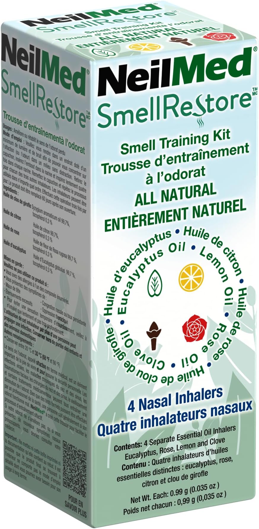 NeilMed Smell Restore - All Natural Smell Training Kit with 4 Separate Essential Oil Inhalers. Eucalyptus, Rose, Lemon and Clove