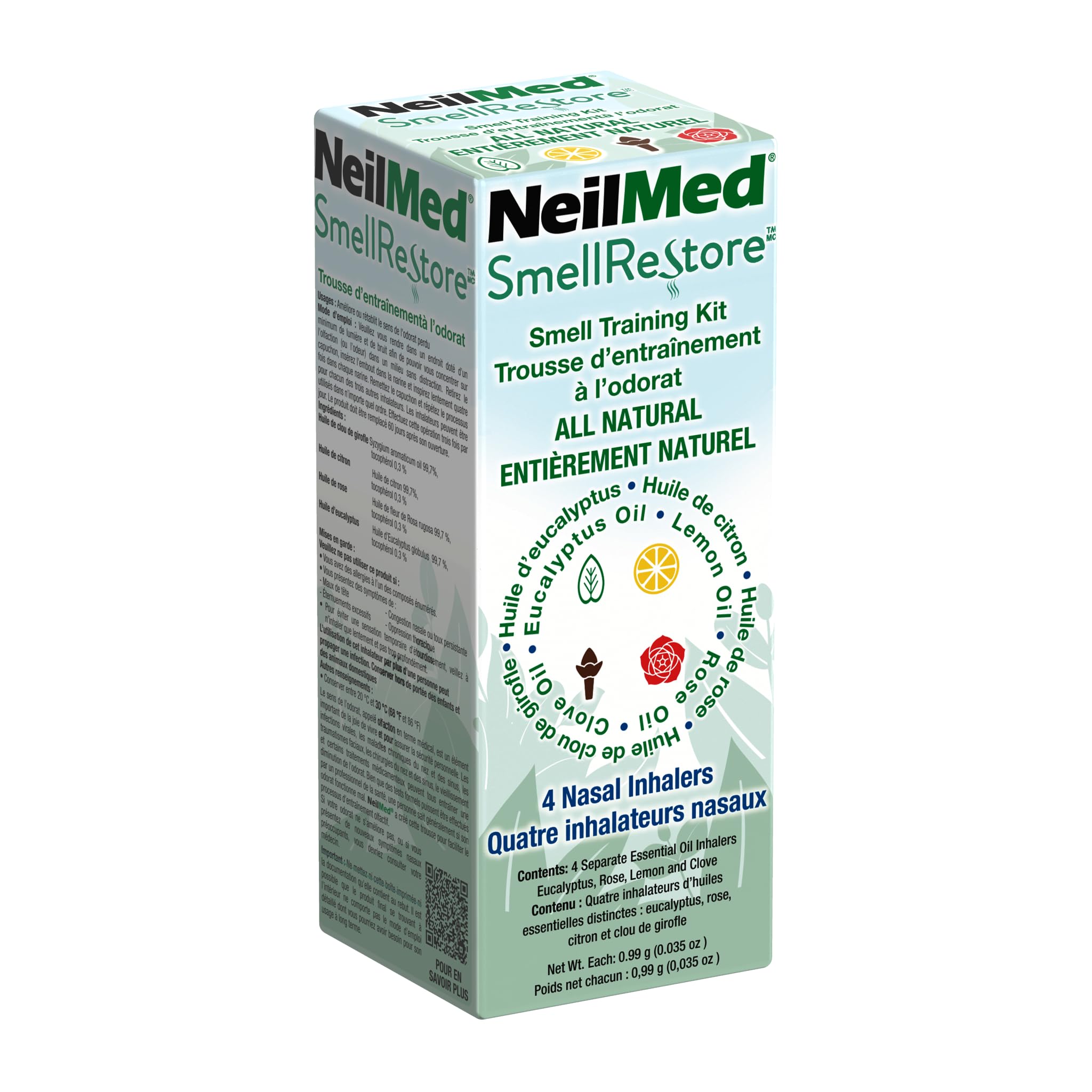 NeilMed Smell Restore - All Natural Smell Training Kit with 4 Separate Essential Oil Inhalers. Eucalyptus, Rose, Lemon and Clove