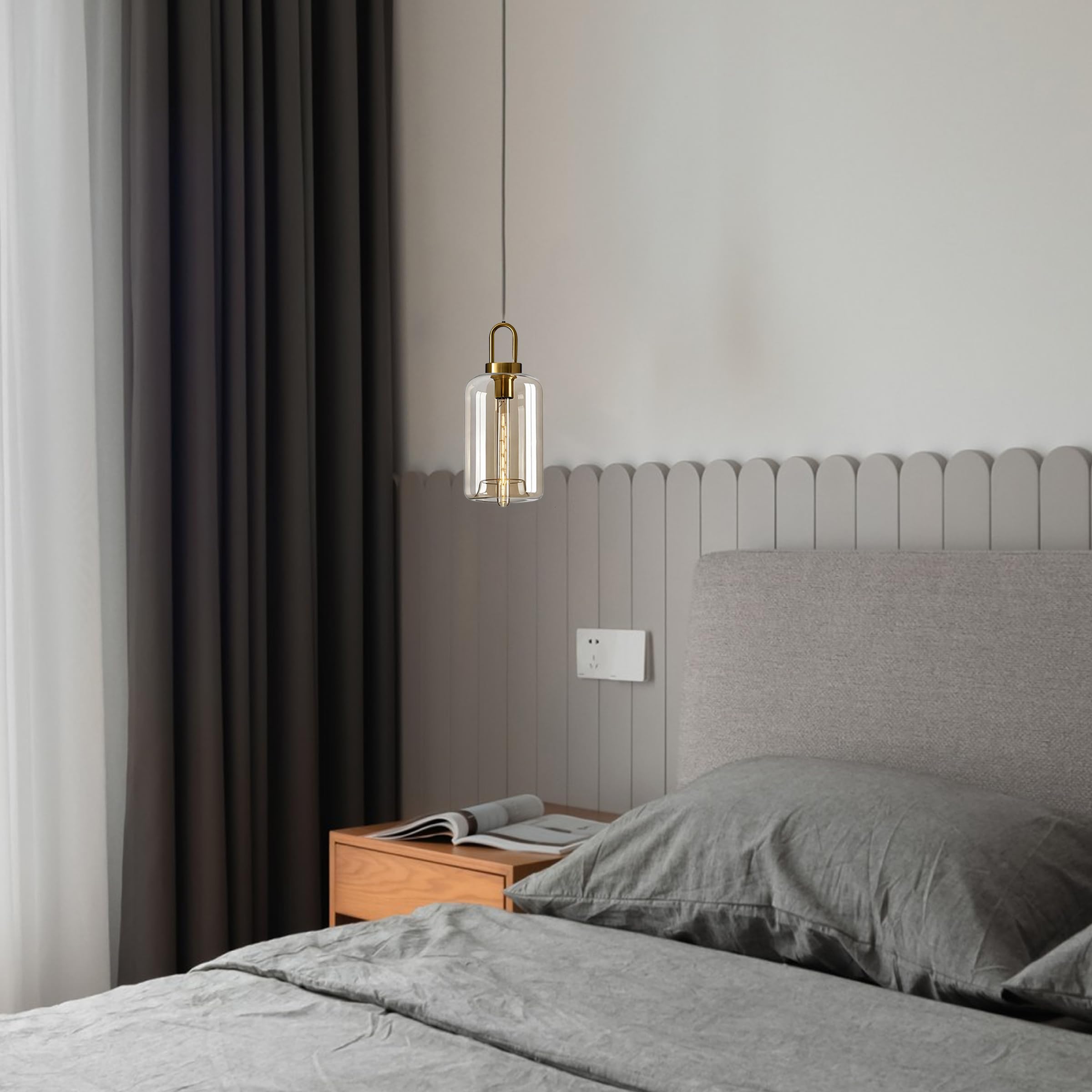 EKSED Lampadario Sospensione Vetro Ambra - Lampada a Sospensione Vintage con Portalampada E27 e Testa in Ottone per Isola Cucina, Sala da Pranzo o Camera da Letto (C)
