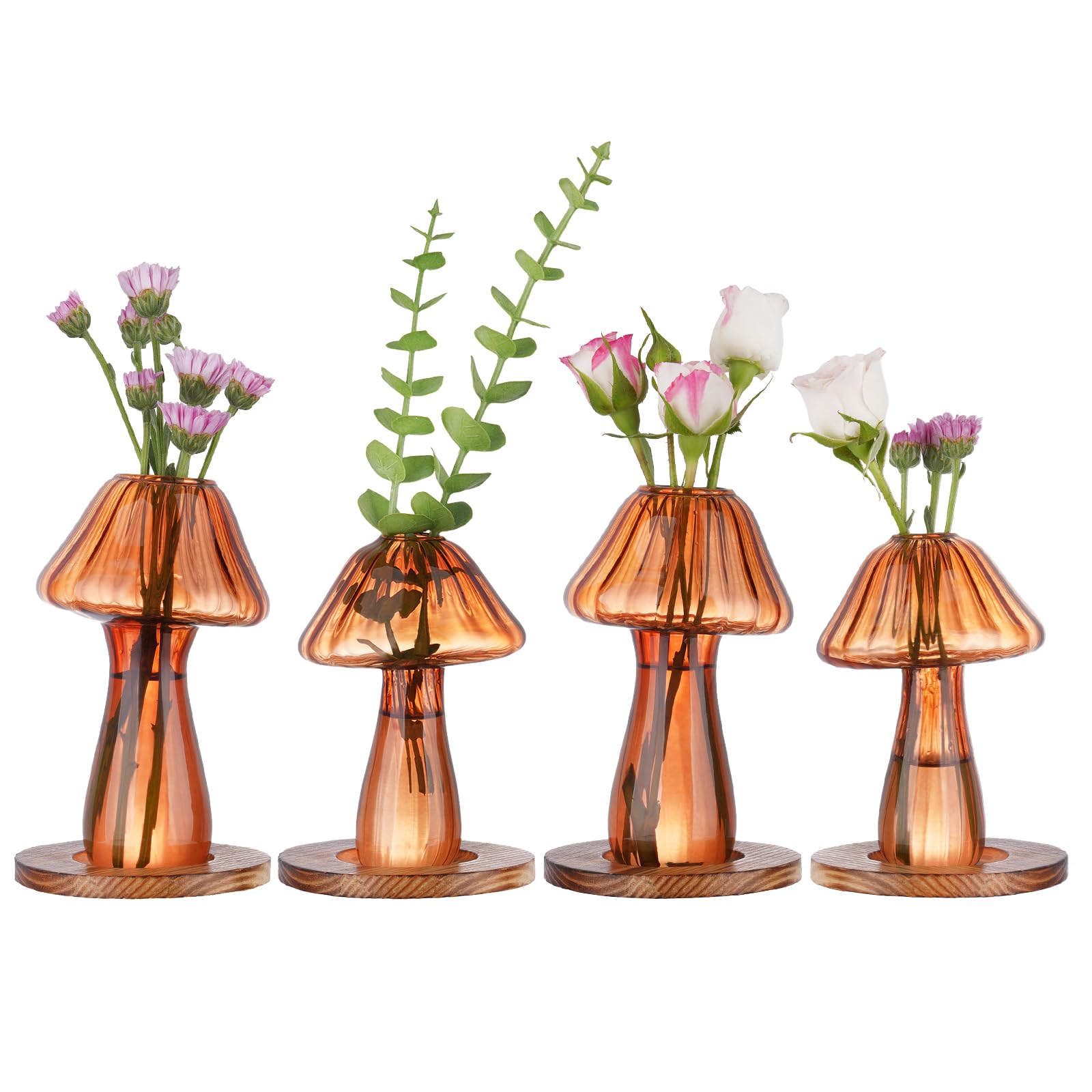 Pots de fleurs en verre de culture hydroponique avec base bois marron pour maison