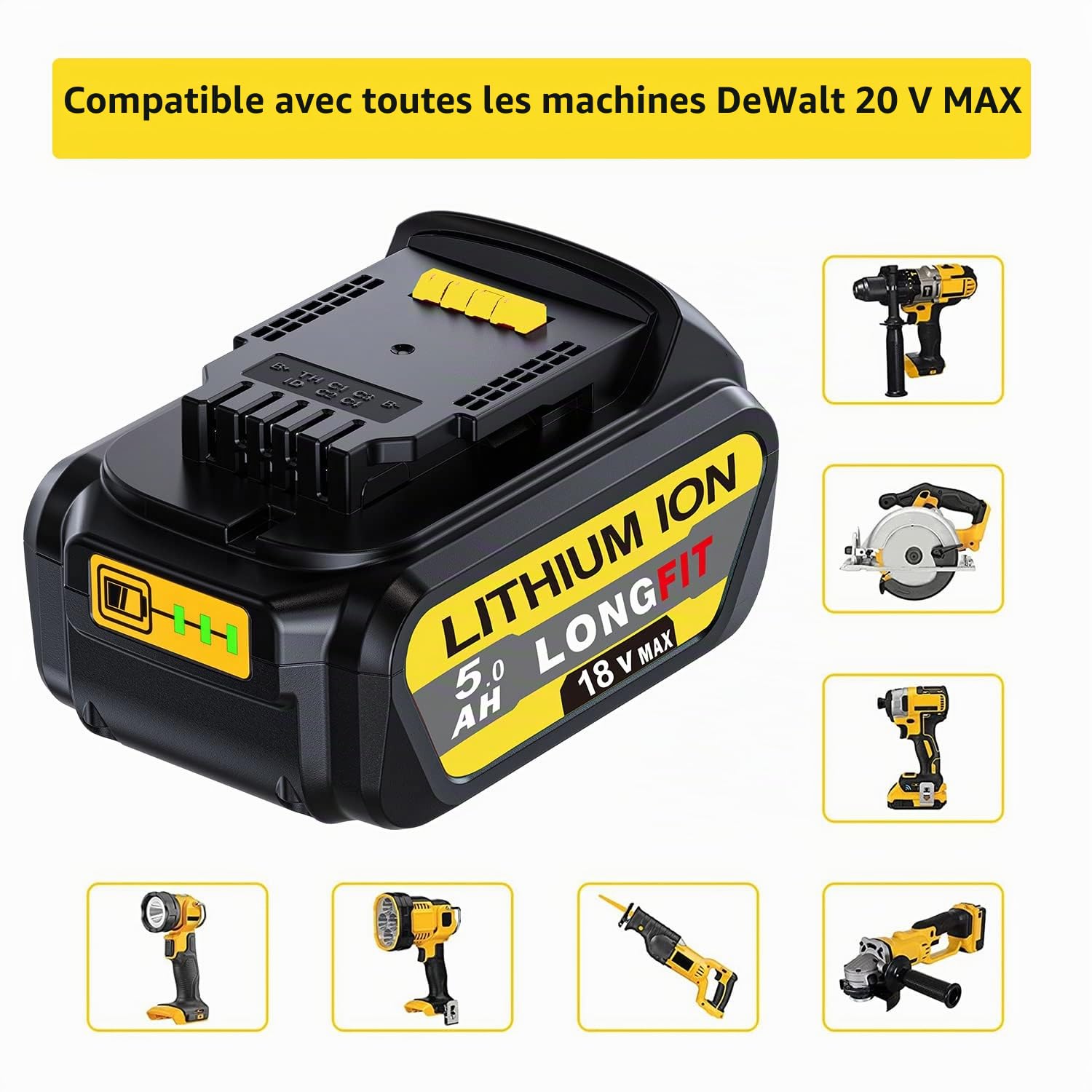 2Pcs 18 V 5Ah Remplacement de la Batterie pour DeWalt 18V Batterie DCB180 DCB181 DCB182 DCB184 DCB201 DCB200 Batterie pour DeWalt 18V