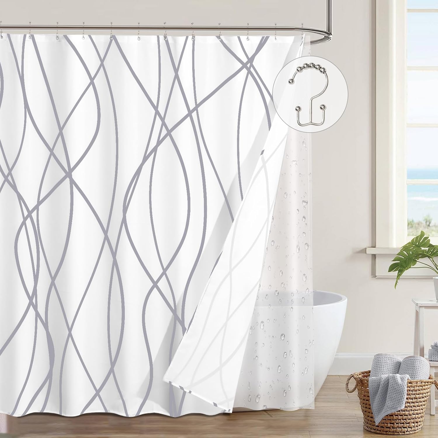 ORTIGIA Shower Curtain with Liner, Grey Wave Stripe, 3 in 1 Shower Curtain with 12 Rust Proof Double Sided Metal Hooks, Double Layers Shower Curtains for Bathroom, W72 x H72