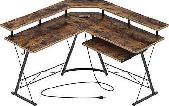 Rolanstar Computer Desk L-Shaped with Power Outlet and USB Port, 54" x 54" Corner Gaming Desk with Monitor Stand and Keyboard Tray, Home Office Desk with Hook, Rustic Brown