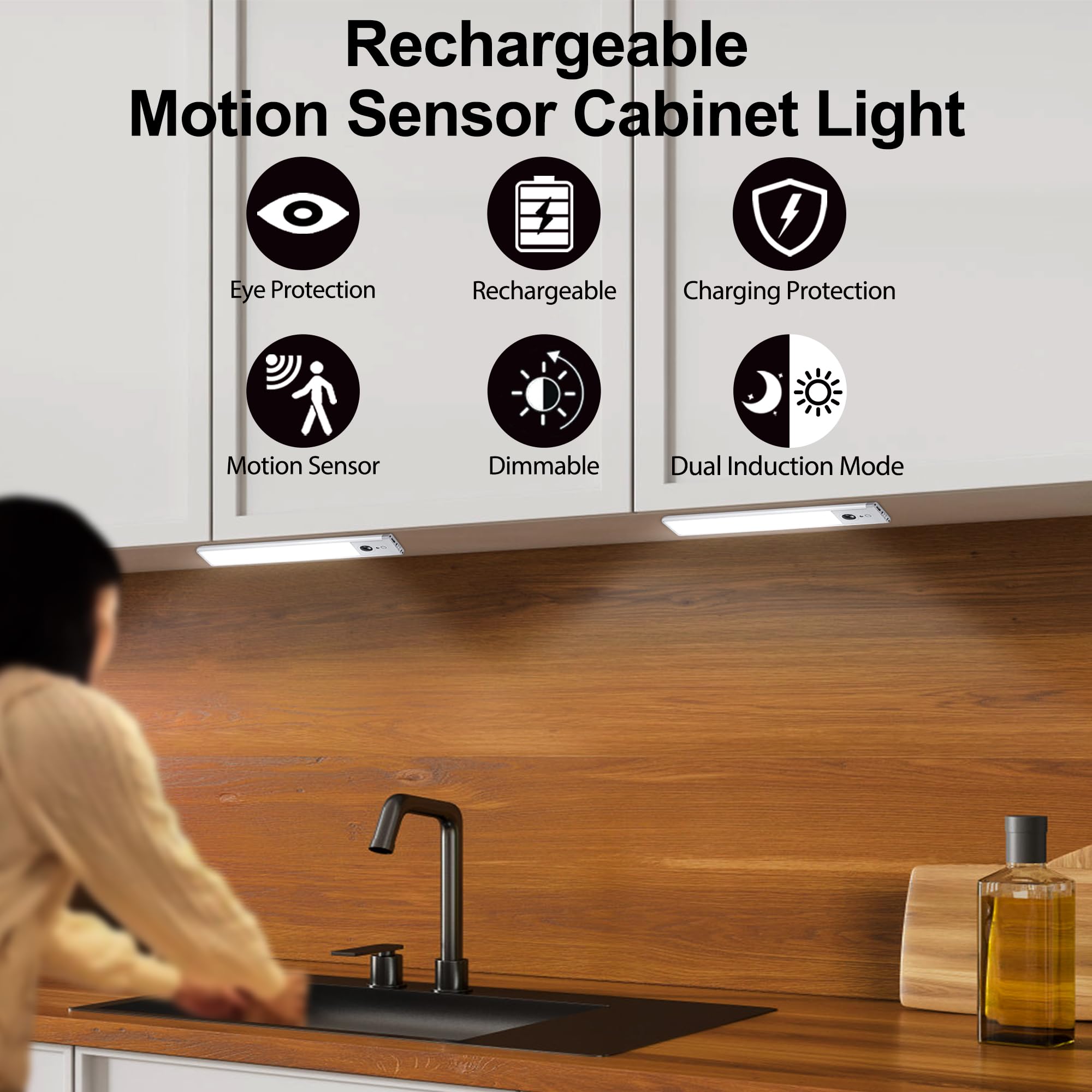 Under Cabinet Lights Wireless Lighting, Rechargeable Motion Sensor Light Indoor Night Light, Magnetic Installation, Light for Kitchen, Stairs, Hallway, Closets(7.84inch White) 2 Pack