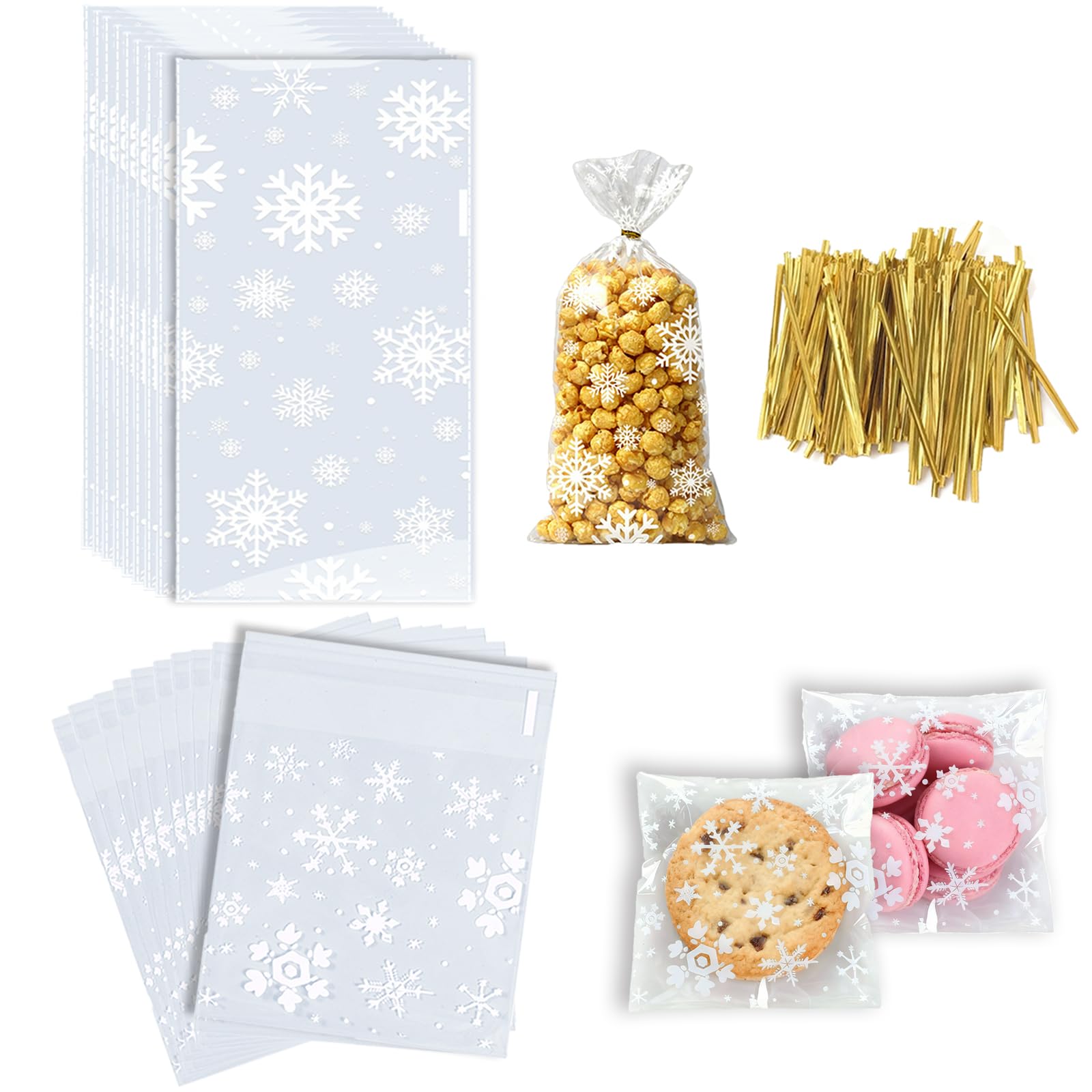 150Pcs Clear Cellophane Bags, 2 Sizes Self-Seal Treat Bags & Flat Bottom Gift Bags with Gold Twist Ties, for Cookies, Candy, Chocolate, Party Favors, Baking, Small Business Packaging