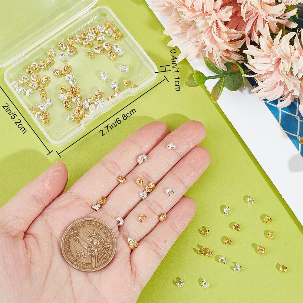Beebeecraft 1 Box 160Pcs Crimp Bead Covers Sterling Silver Plated & 18K Gold Plated 2 Colors Half Round Open Crimp Beads End Tip 4mm for DIY Jewellery Makings - Image 3