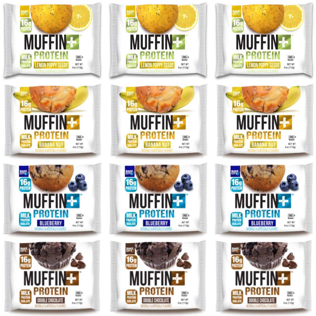 Bake City Muffin Plus Protein | 16g Protein in Each Protein Muffin | 4oz Each, 12 Pack (Blueberry)