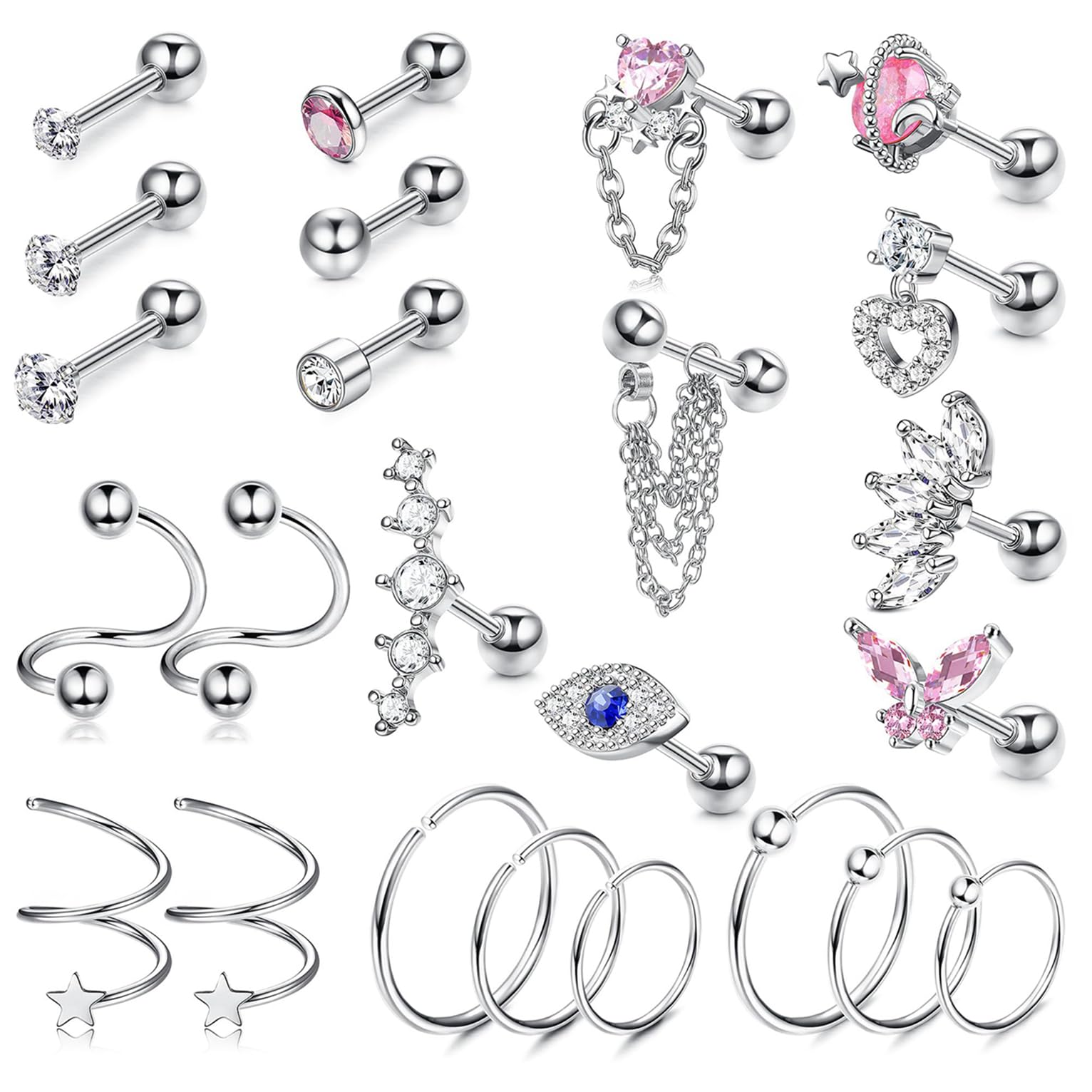 KALVICA 24Piezas Piercing Oreja Pendientes Mujer Hipoalergenicos Acero Quirurgico Piercing Helix Tragus Conch CZ Piercing Cartilago Oreja Nariz 16G Oro Plata Oro Rosa