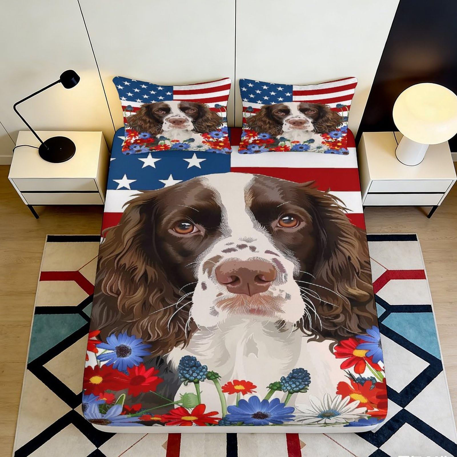 3D Printed American Flag Dog Fitted Sheet Microfiber Soft Floral Mattress Cover for Bedroom Guest Room Decor 120x200x25cm