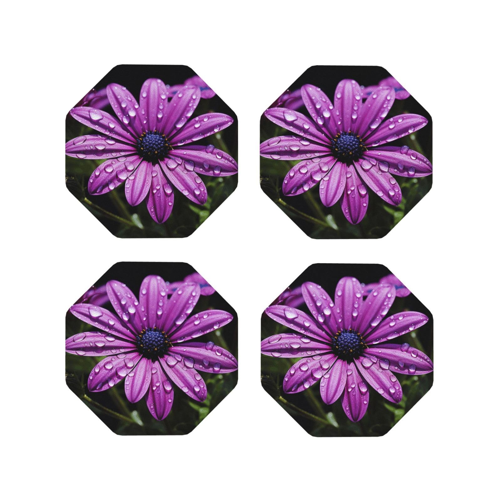 4Pcs PU Leather Coaster for Drinks, Purple Daisy Cup Coastersr 4" Cup Mat Pad, Aesthetic Drink Coasters for Coffee Table, Octagon Coaster for Tabletop Protection
