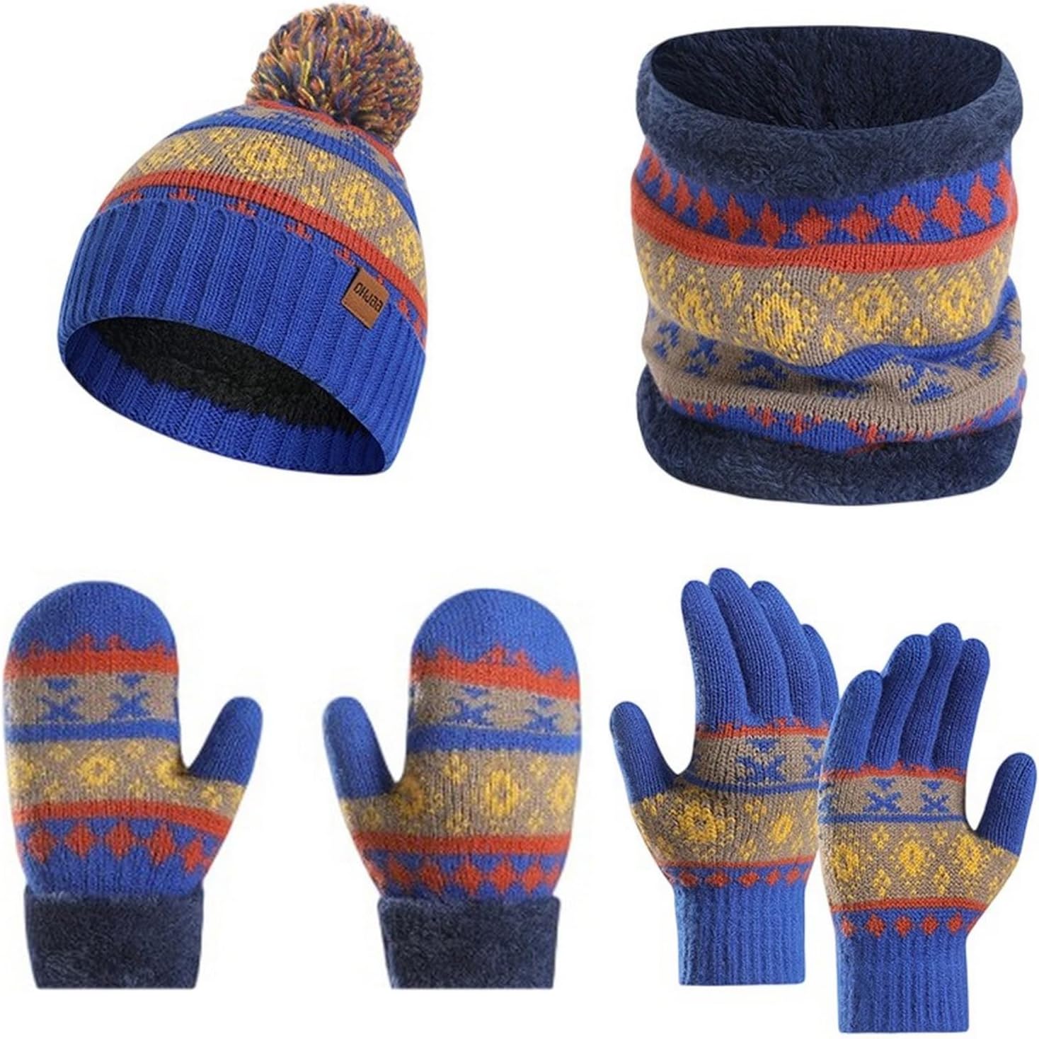 SK Studio Kids Winter Hat Gloves Scarf Set, Girls Boys Beanie with Pom Neck Warmer Gaiter Mittens Fleece Lined Set Toddler, Blue